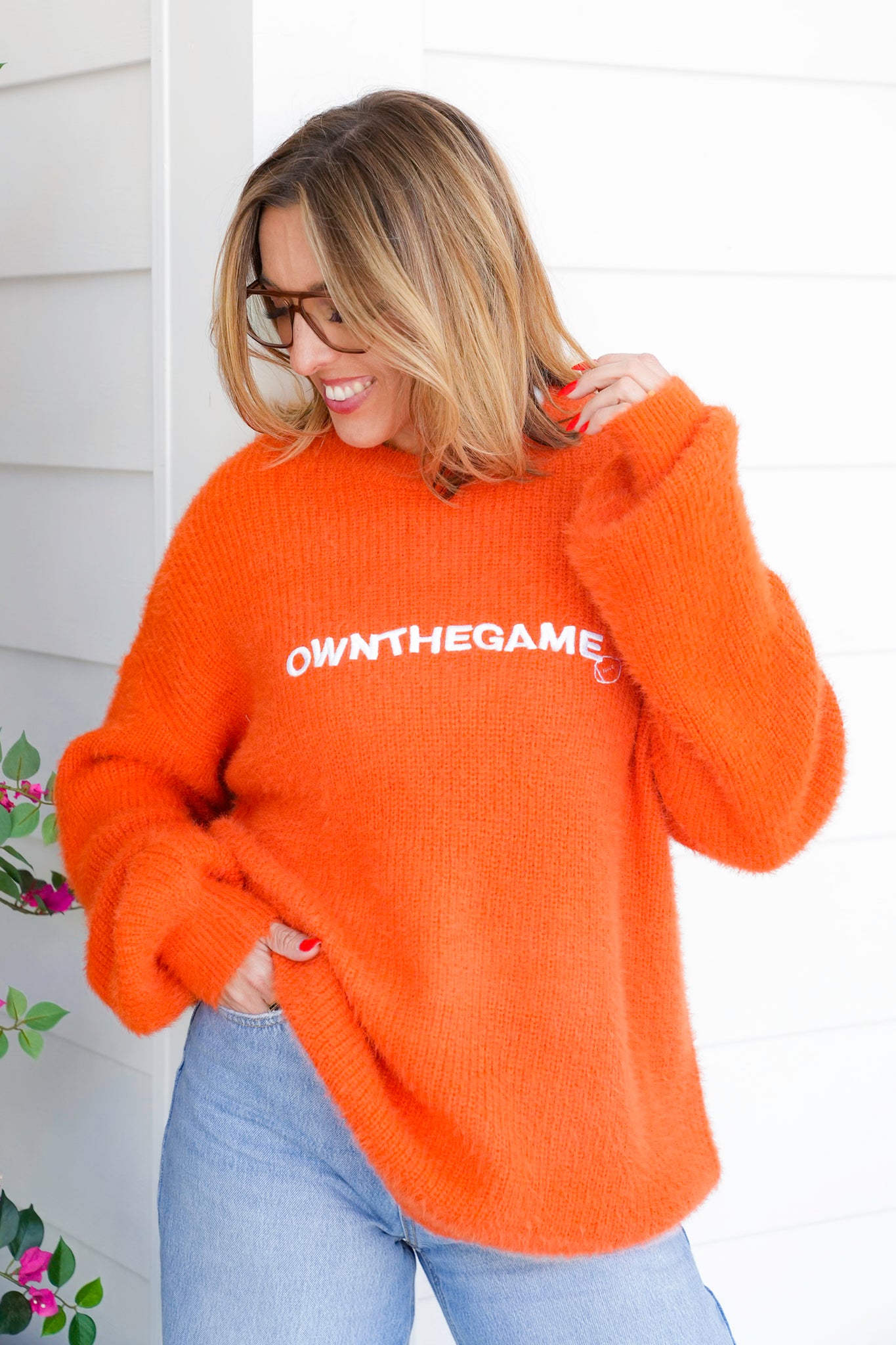 Fuzzy Long Sleeve "Own The Game" Pullover Sweater