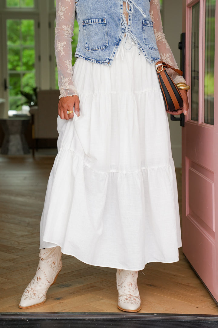 White Elastic Waist Tiered Midi Skirt
