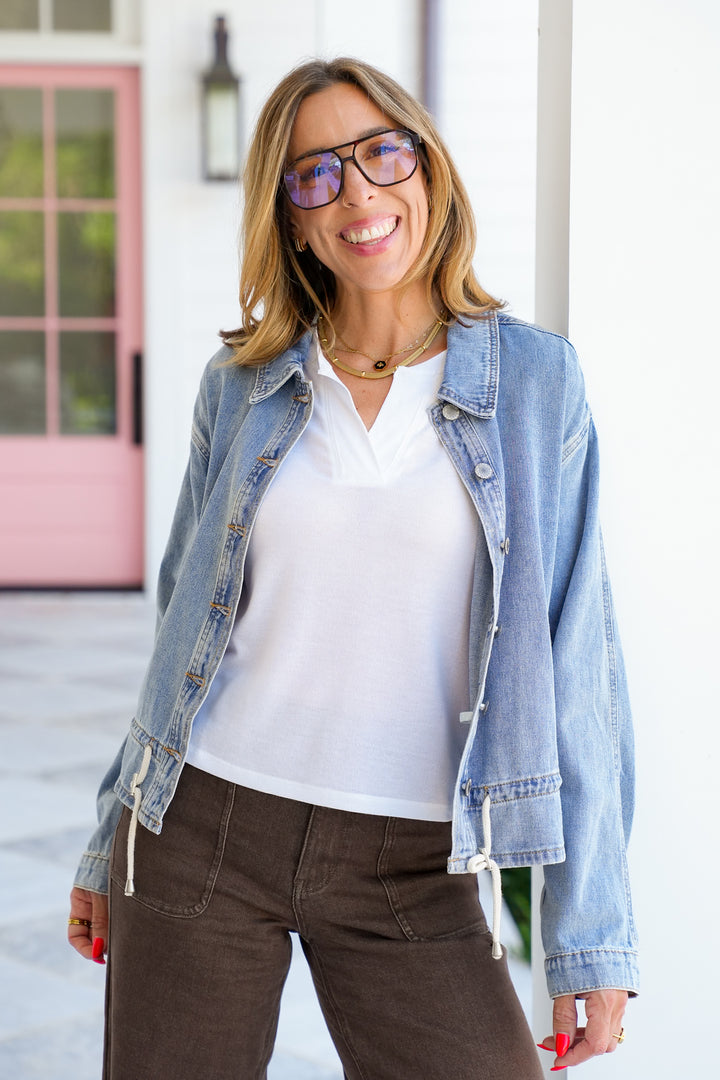 Medium Wash Long Sleeve Button Up Jacket with Side Pockets