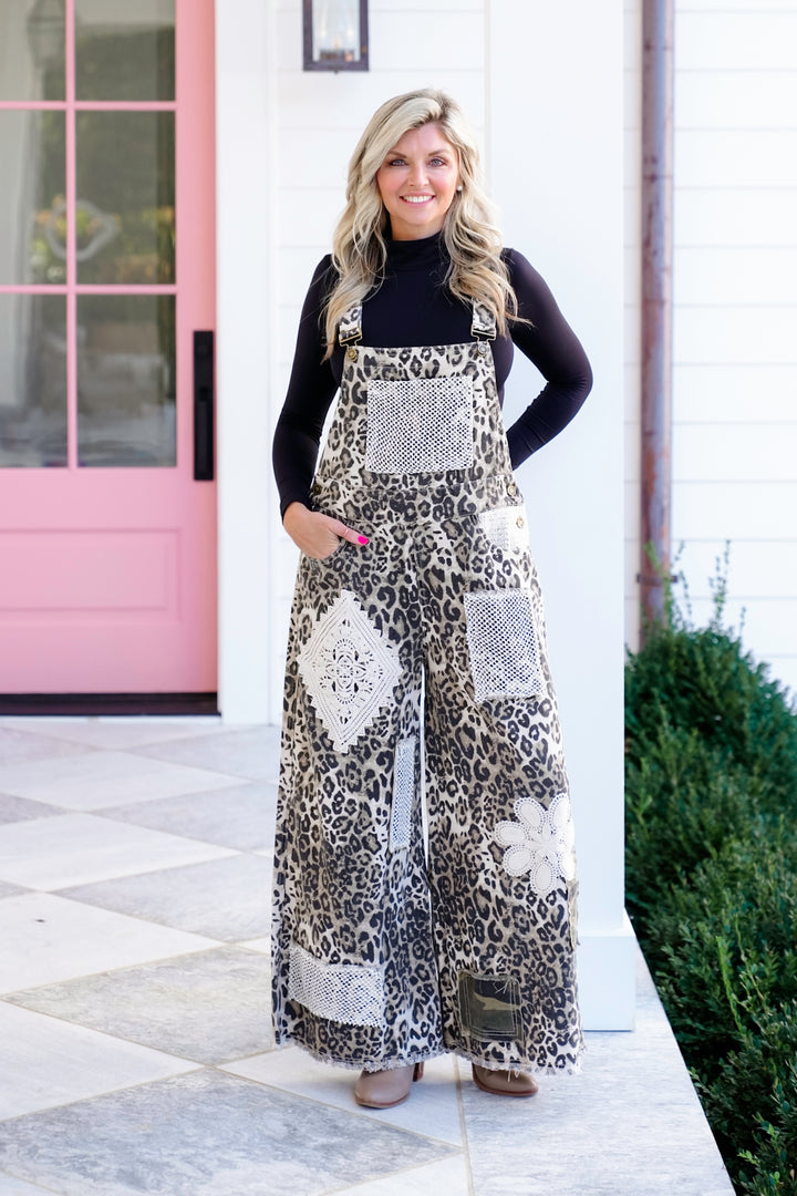 POL Leopard Print Wide Leg Overalls with Crochet Patches