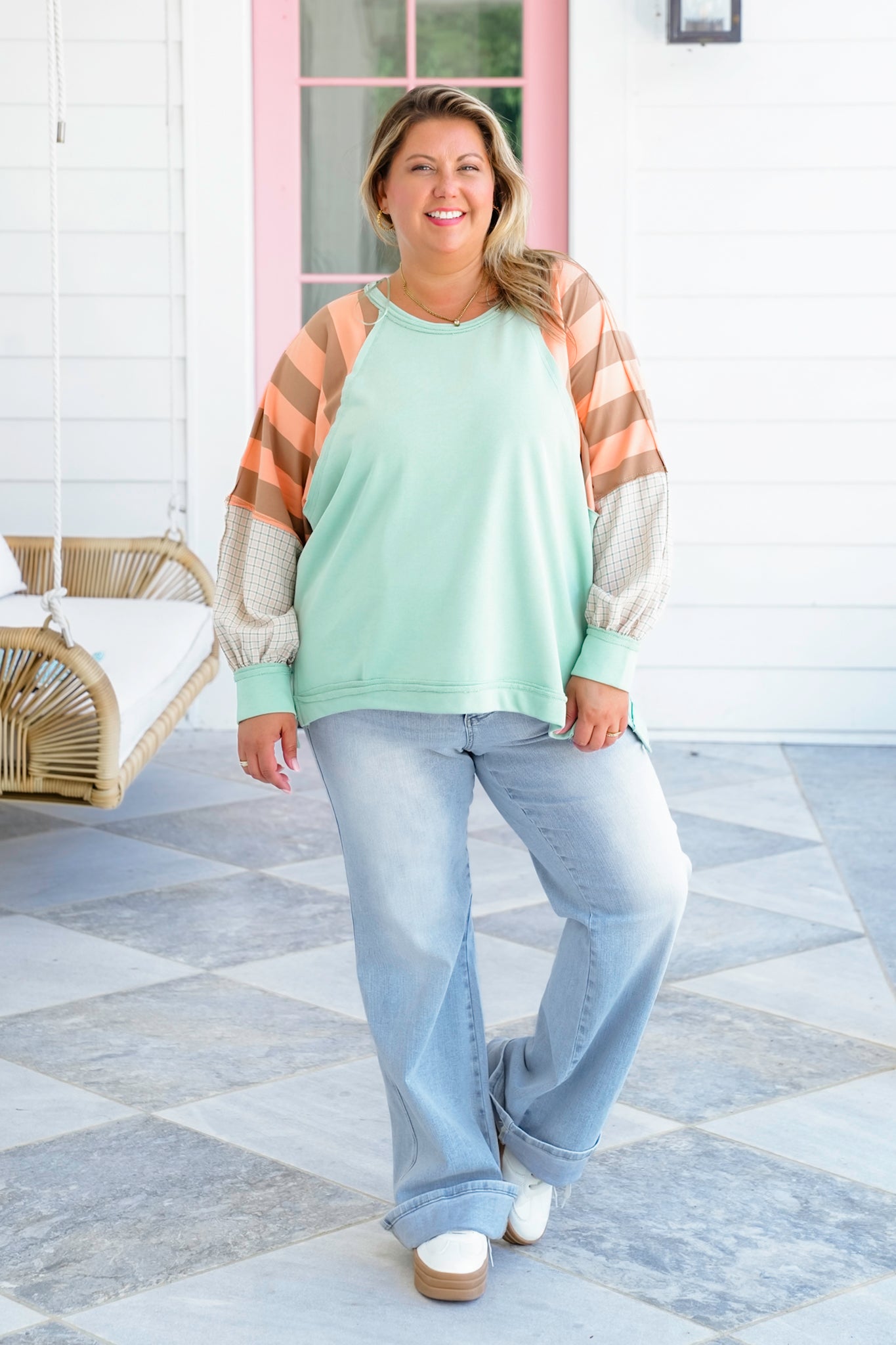 Solid Long Sleeve Round Neck Top with Stripe Detail