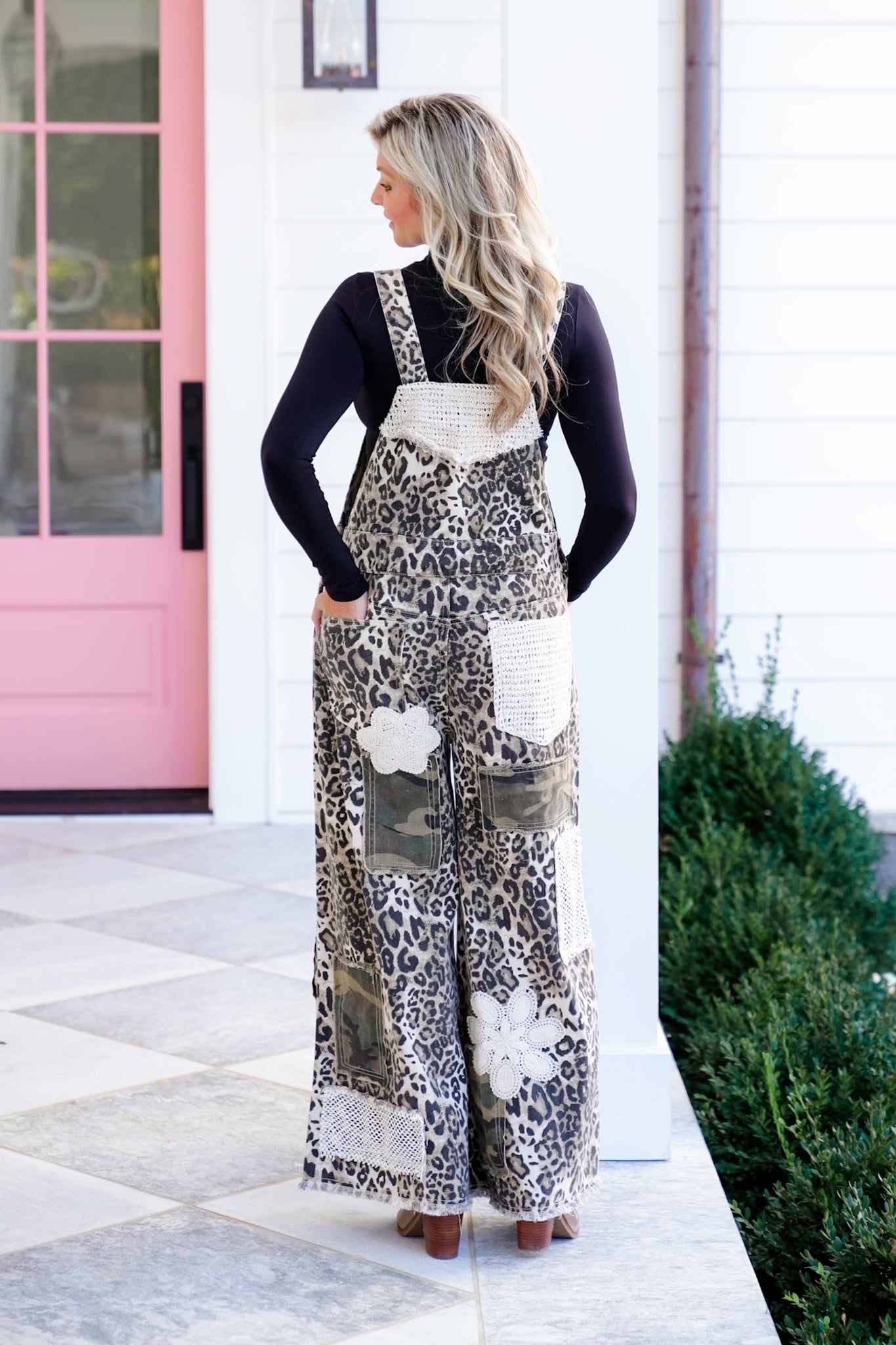 POL Leopard Print Wide Leg Overalls with Crochet Patches