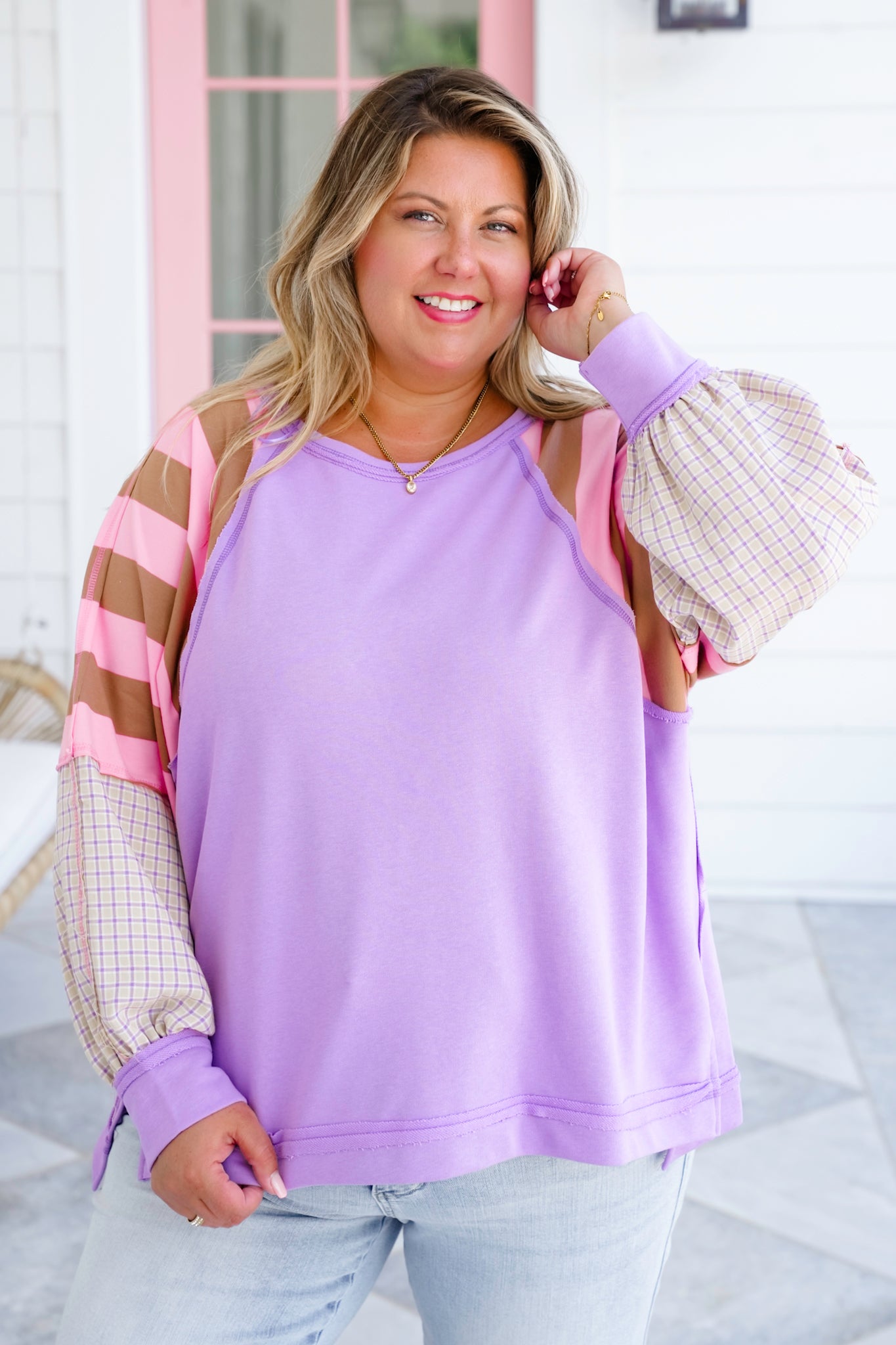 Solid Long Sleeve Round Neck Top with Stripe Detail