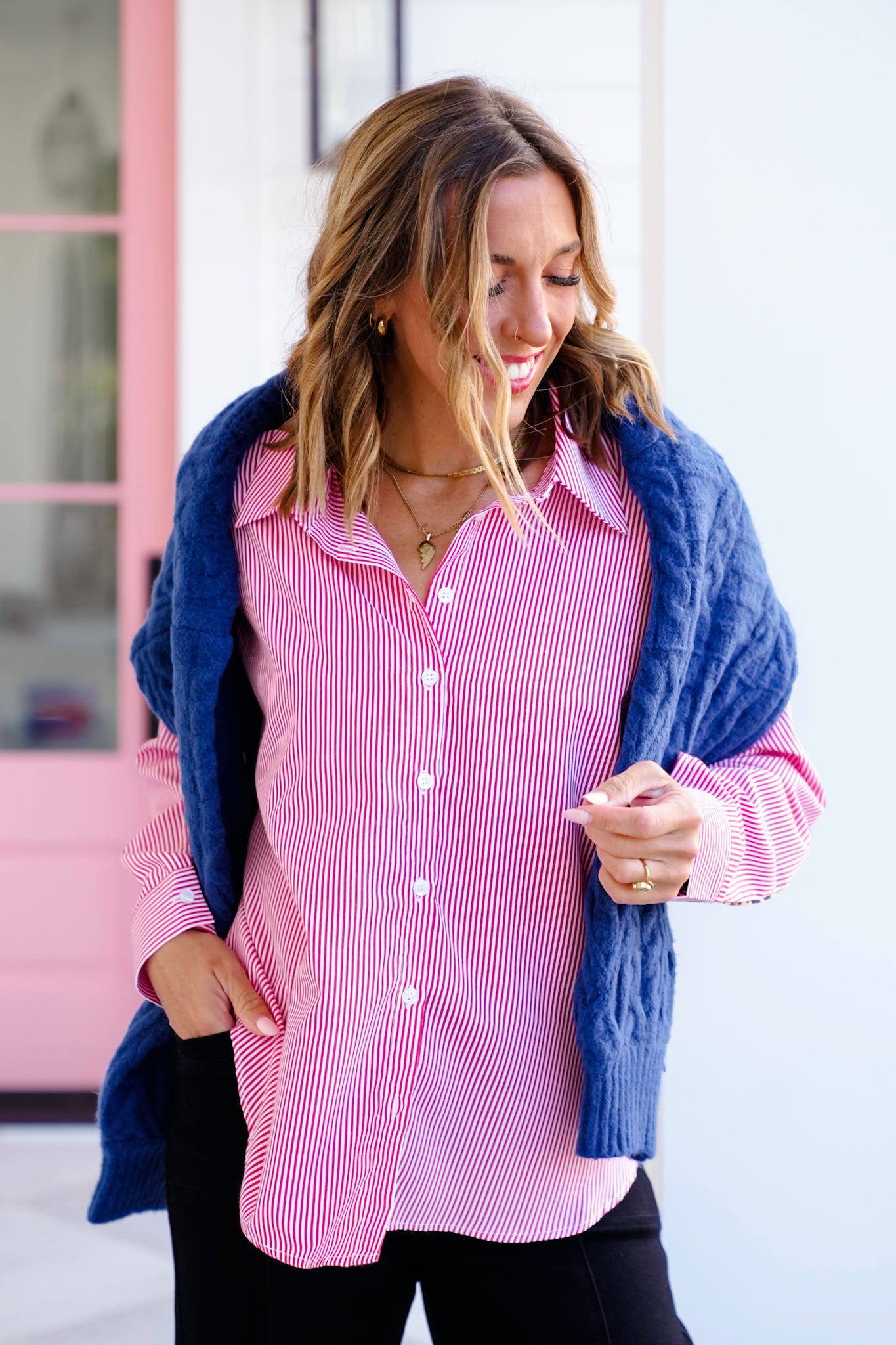 Pin Stripe Long Sleeve Button Down Top with Leopard Print