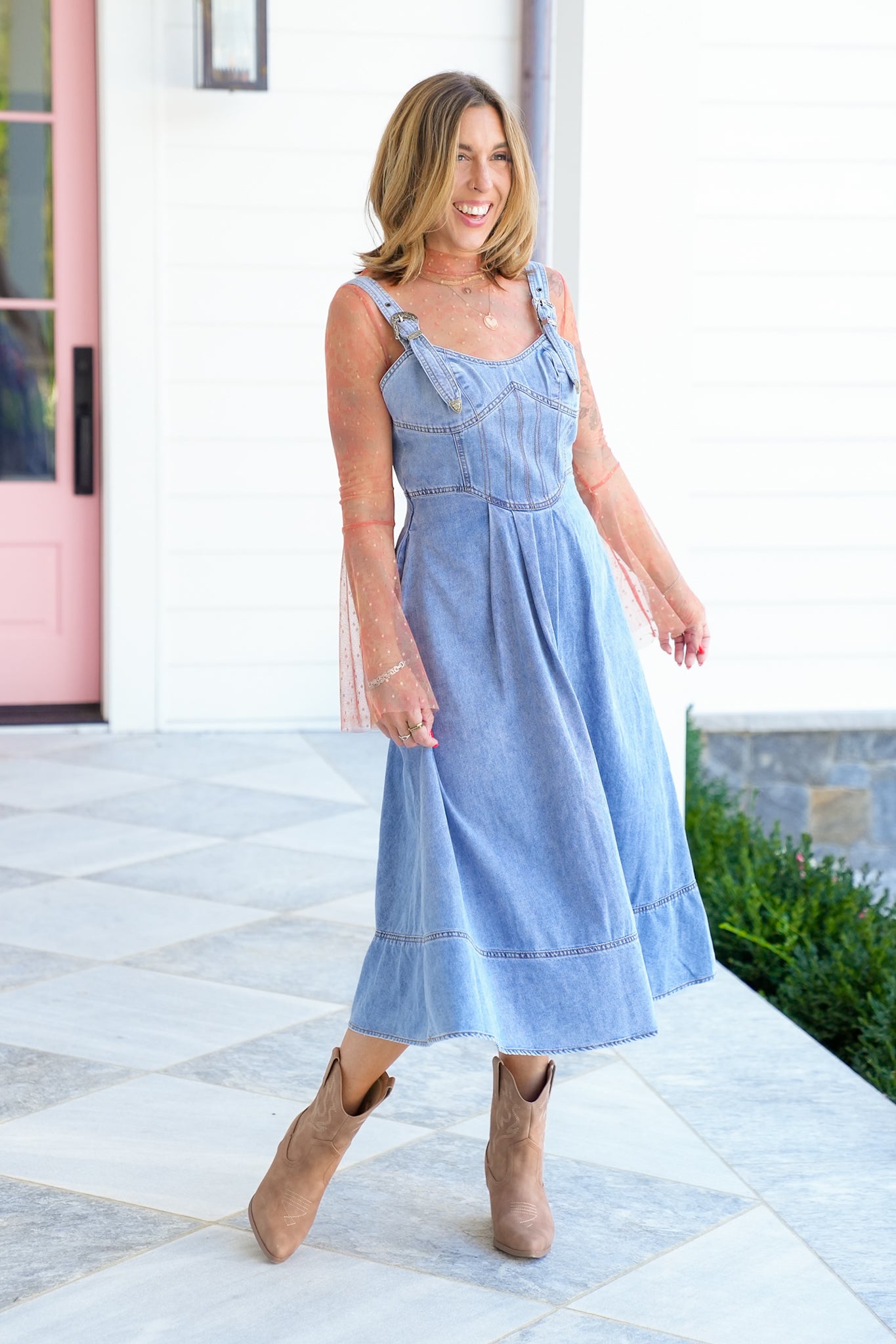 Light Wash Sleeveless Midi Dress with Buckle Detail