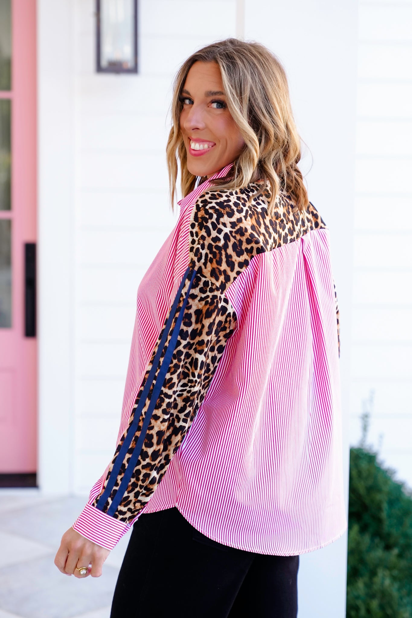 Pin Stripe Long Sleeve Button Down Top with Leopard Print