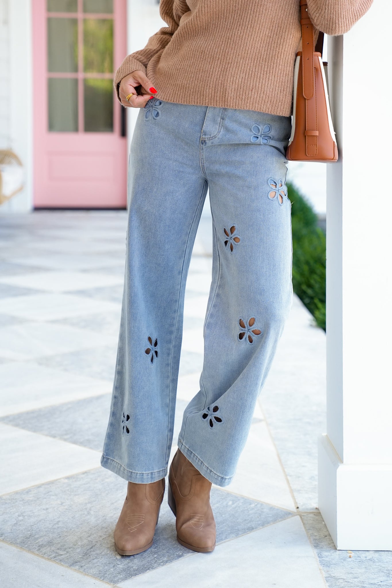 Light Wash Floral Embroidered Elastic Waist Denim Pants