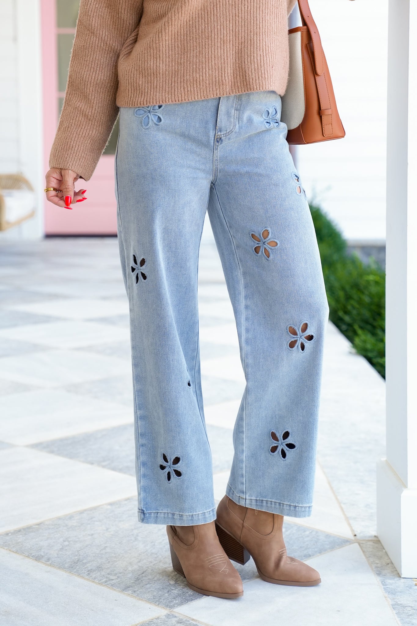 Light Wash Floral Embroidered Elastic Waist Denim Pants