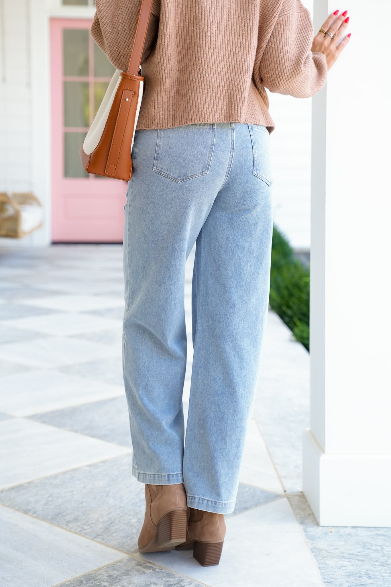 Light Wash Floral Embroidered Elastic Waist Denim Pants