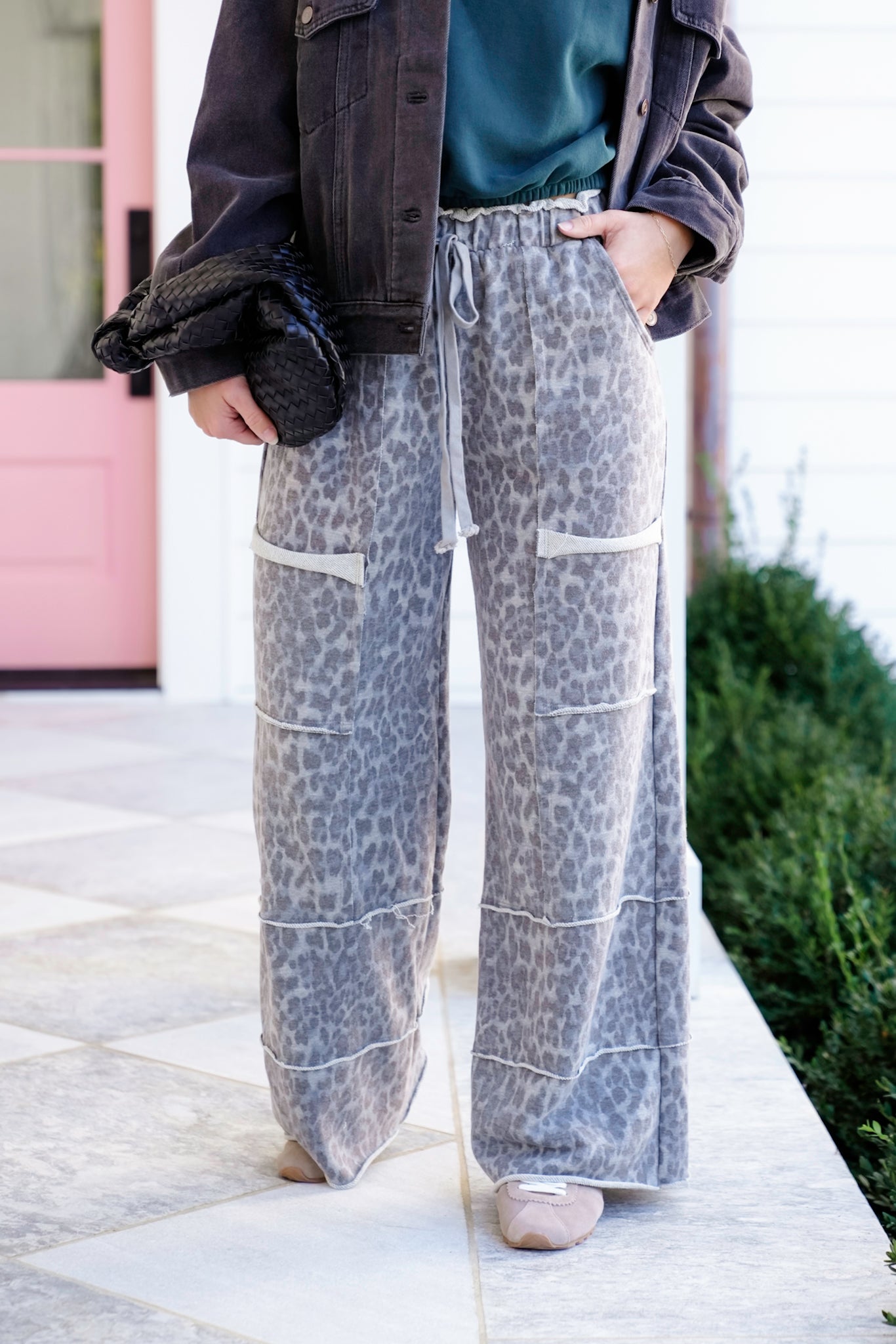 Mineral Washed Elastic Waist Leopard Print Wide Leg Pants