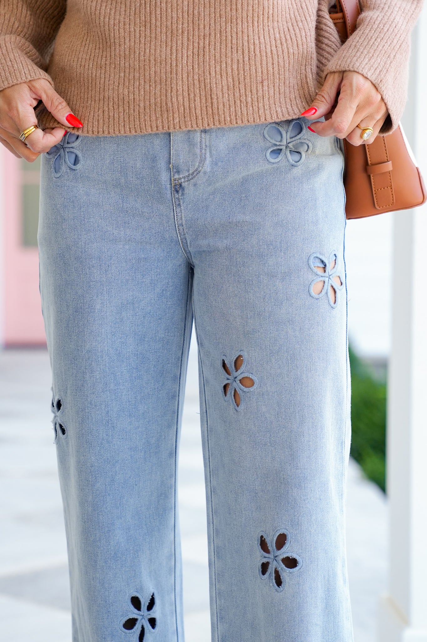 Light Wash Floral Embroidered Elastic Waist Denim Pants