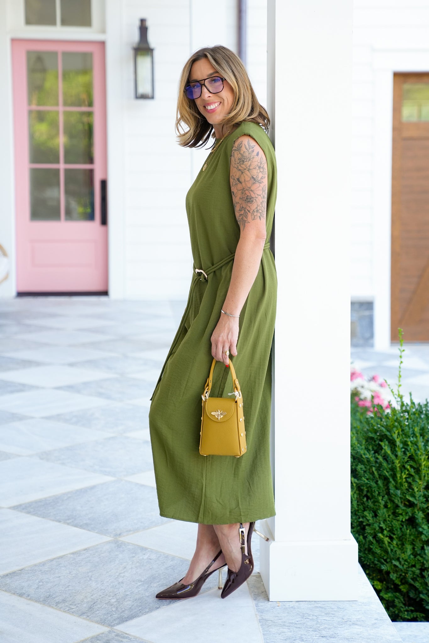 Olive Sleeveless Midi Dress with Gold Accent Belt