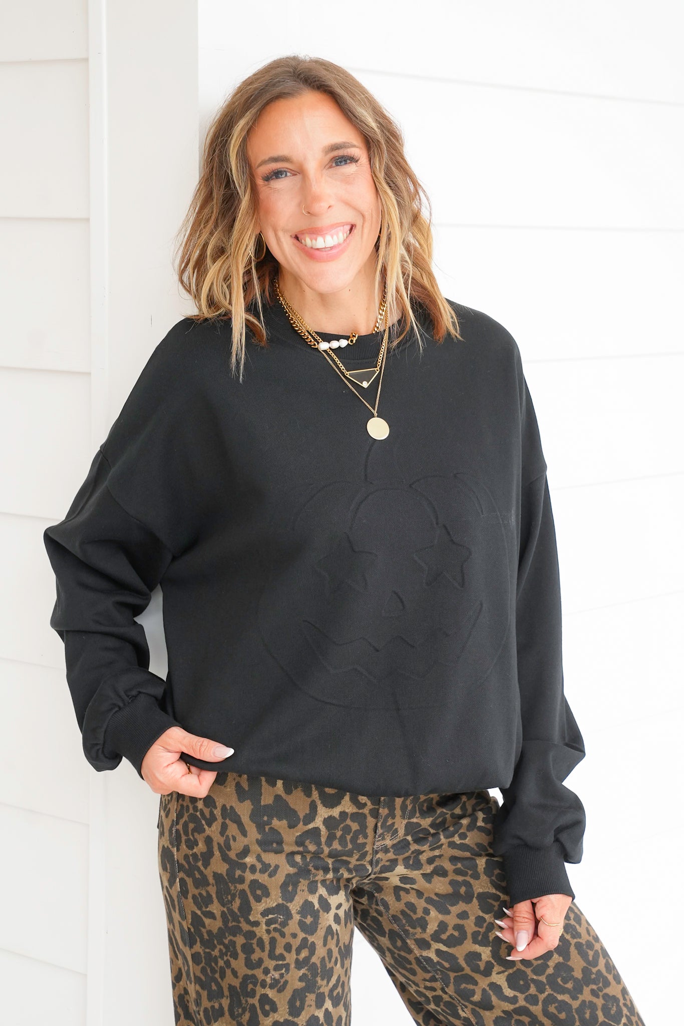 Plus/Reg Black Long Sleeve Pumpkin Embroidered Graphic Sweatshirt