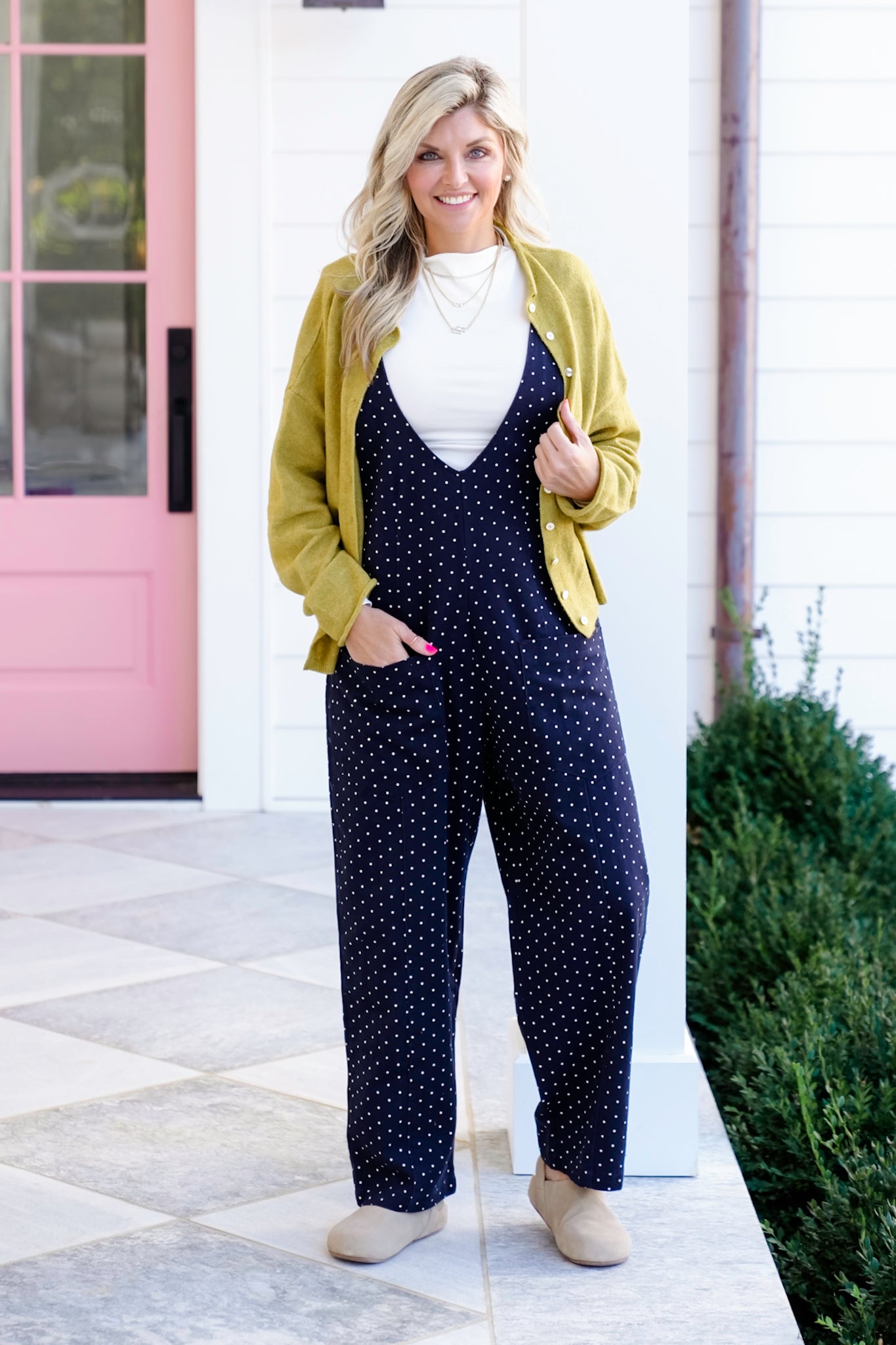 Plus/Reg Polka Dot Deep V-Neck Jumpsuit