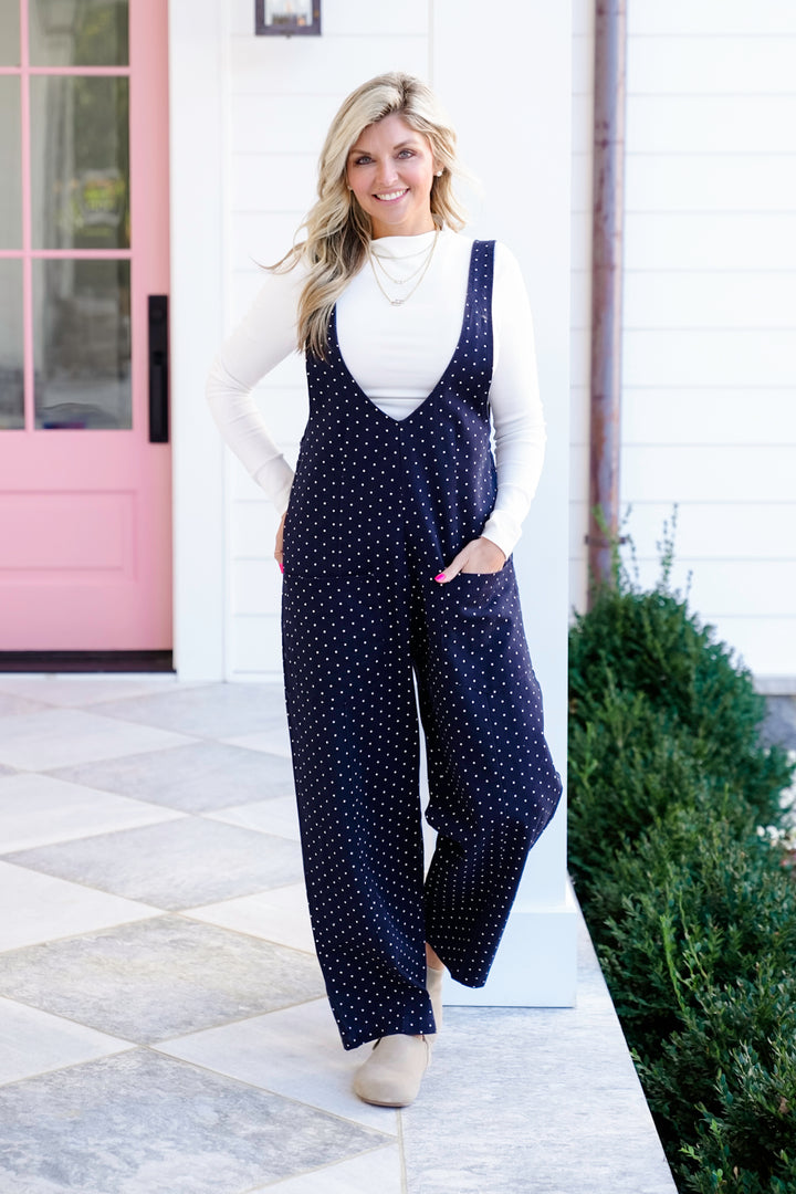 Plus/Reg Polka Dot Deep V-Neck Jumpsuit