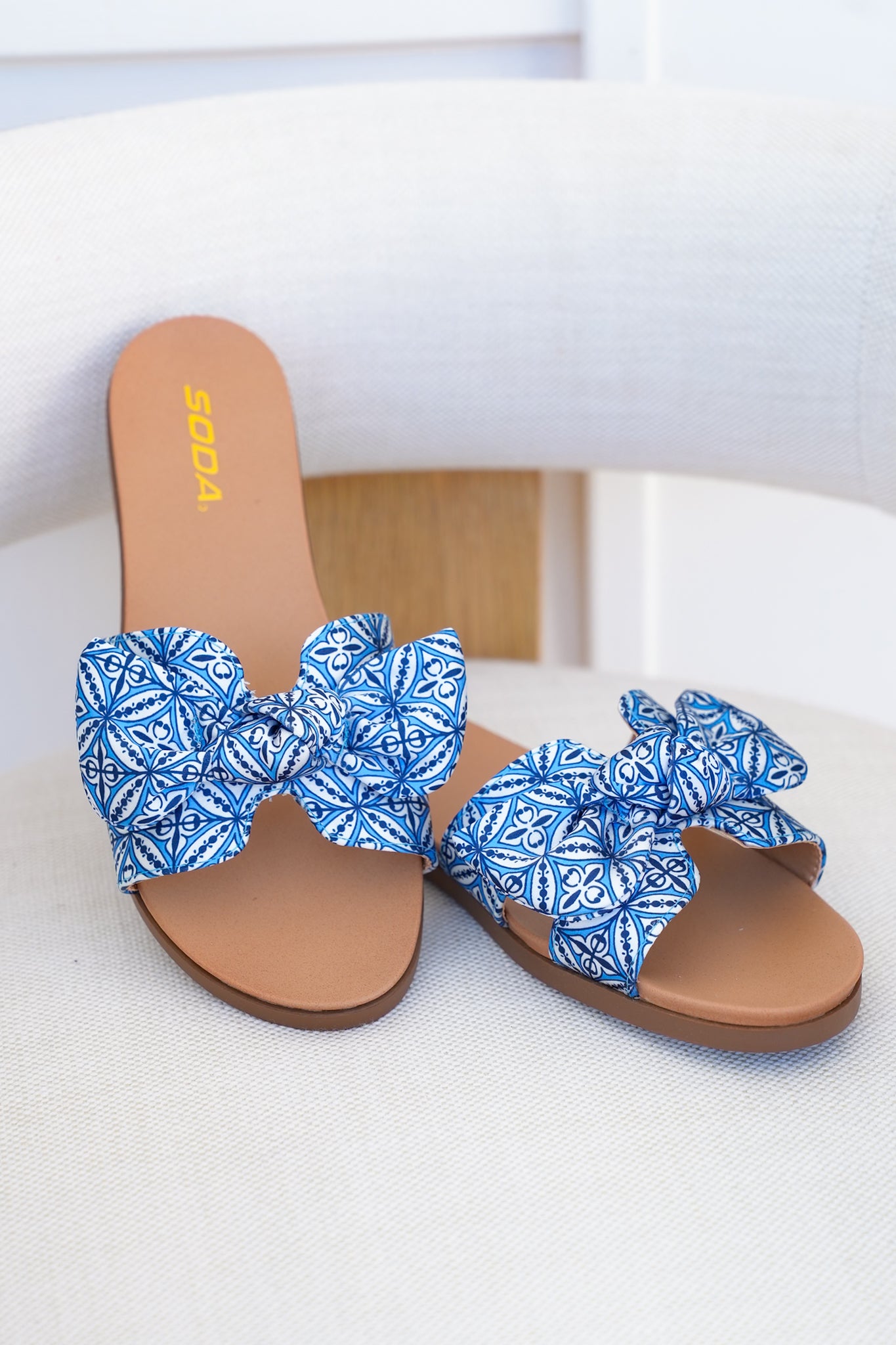 Tile Print Bow Slide Sandal with Crisscross Straps