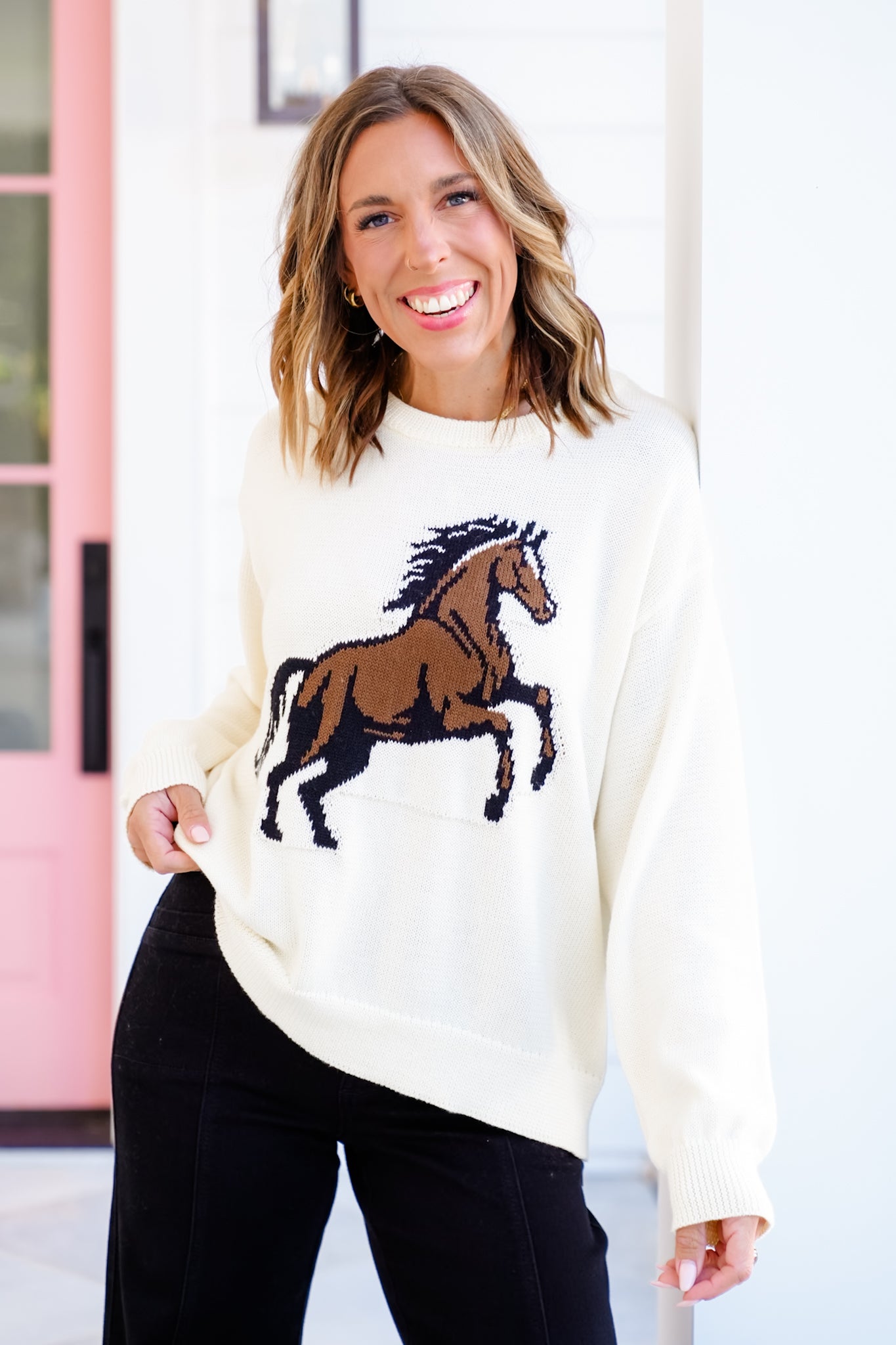 Long Sleeve Crew Neck "Horse" Knit Sweater
