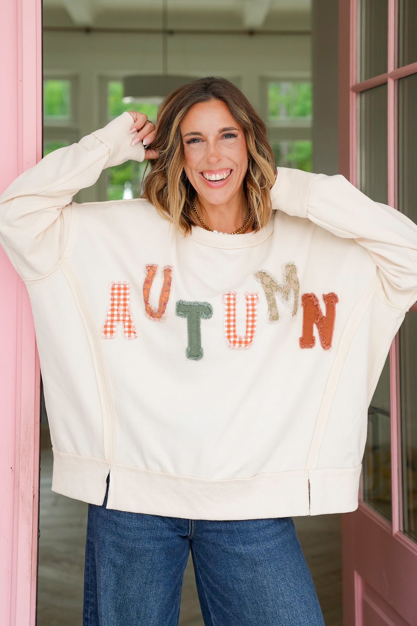 Long Sleeve Autumn Patch Sweatshirt with Frayed Edges
