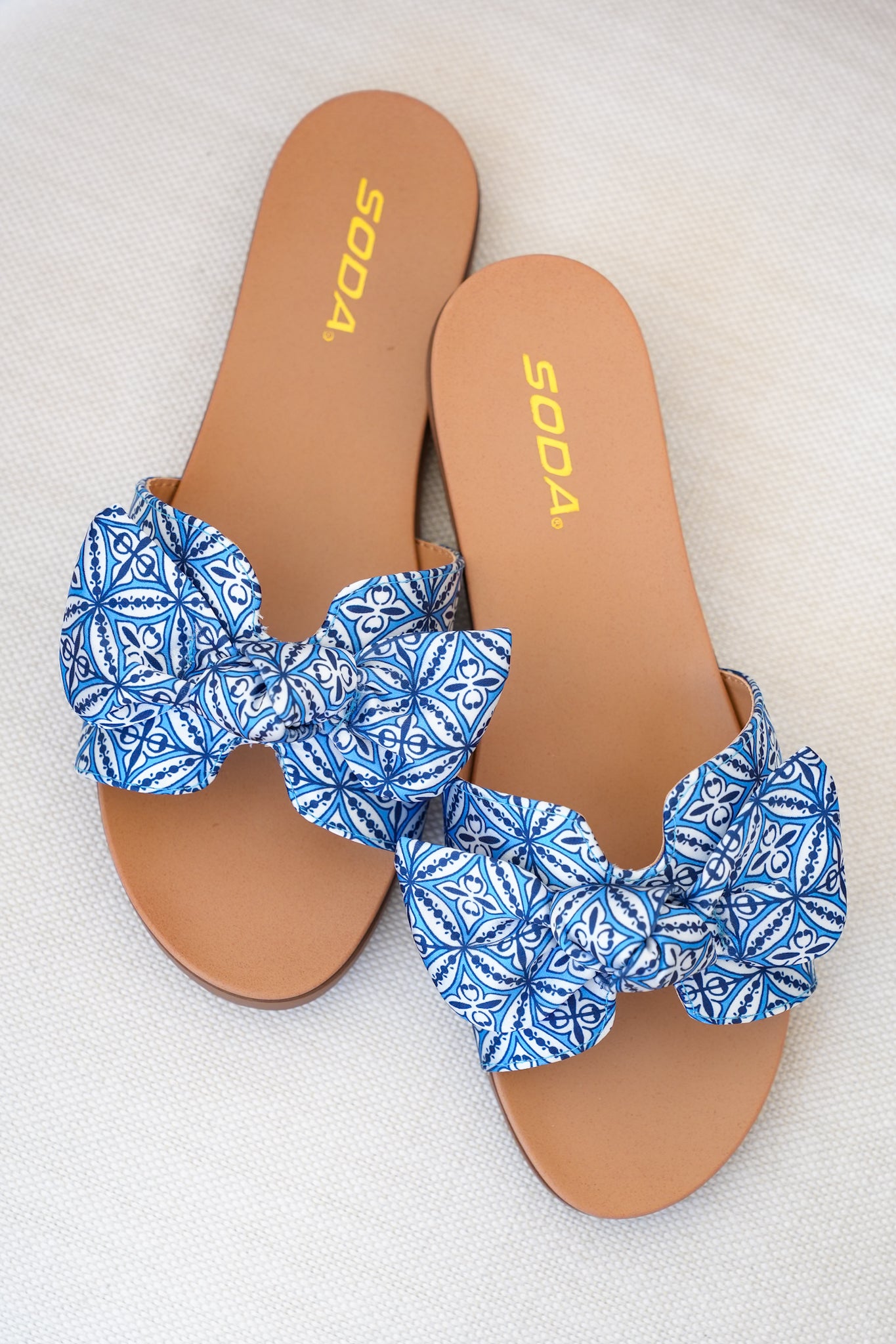 Tile Print Bow Slide Sandal with Crisscross Straps