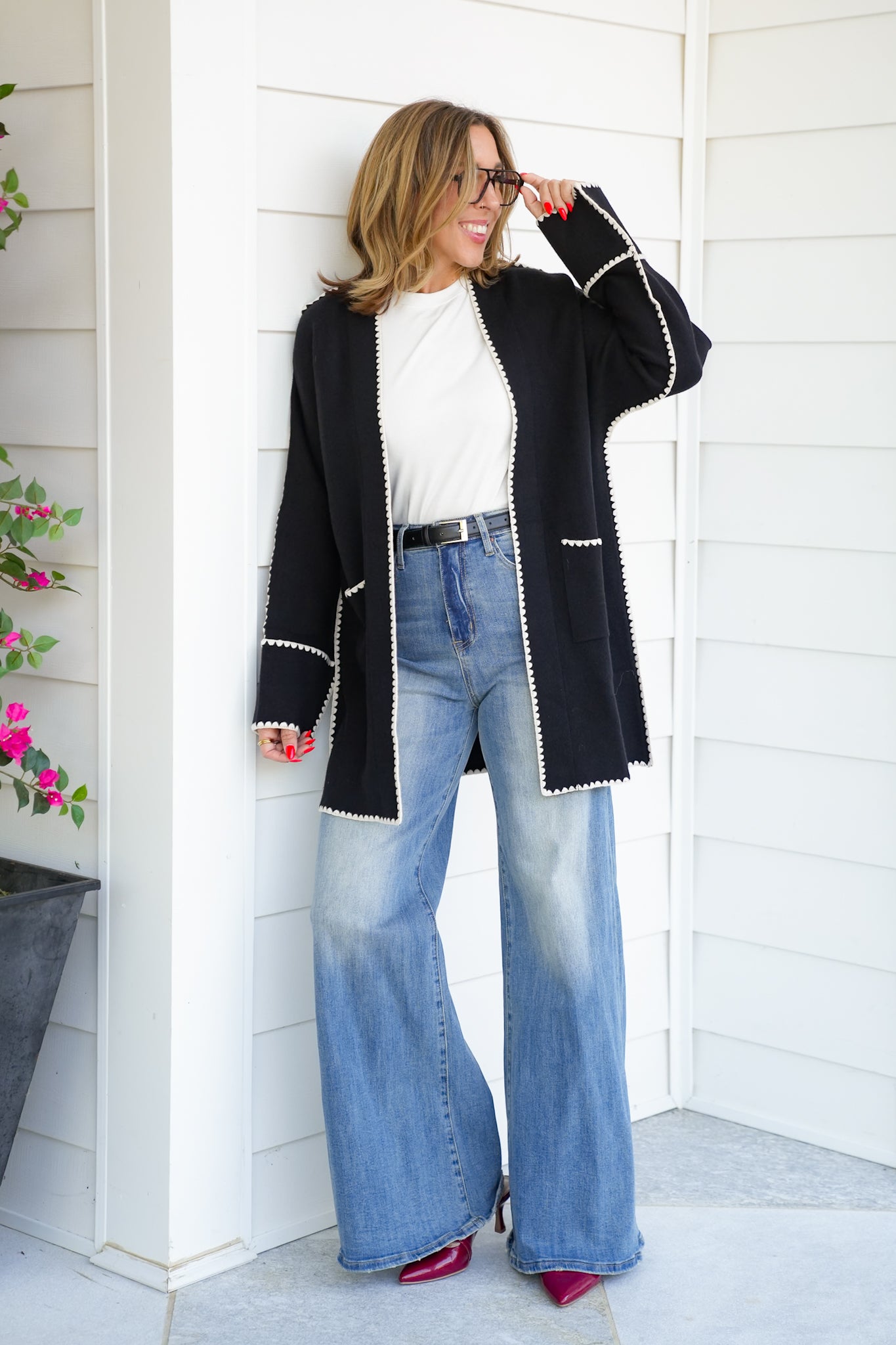 Long Sleeve Midi Cardigan With Stitch Detail