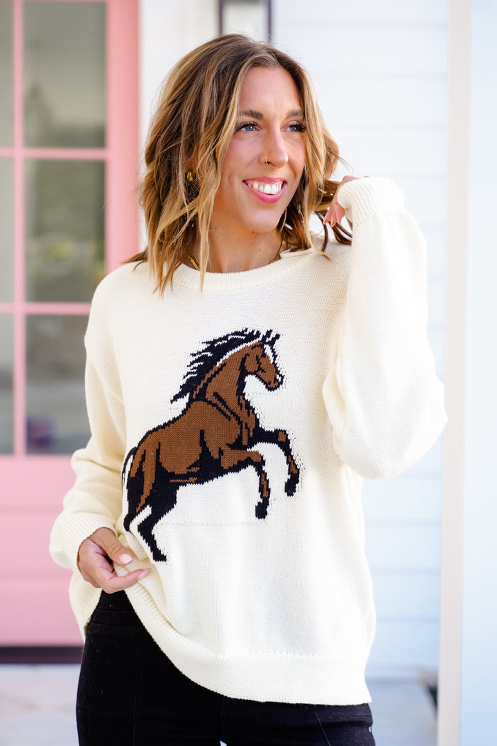 Long Sleeve Crew Neck "Horse" Knit Sweater