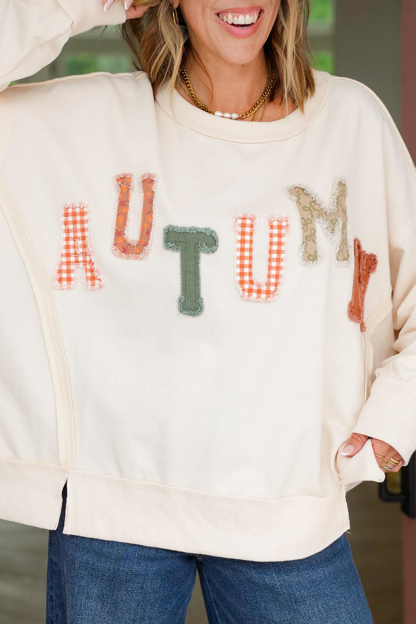 Long Sleeve Autumn Patch Sweatshirt with Frayed Edges