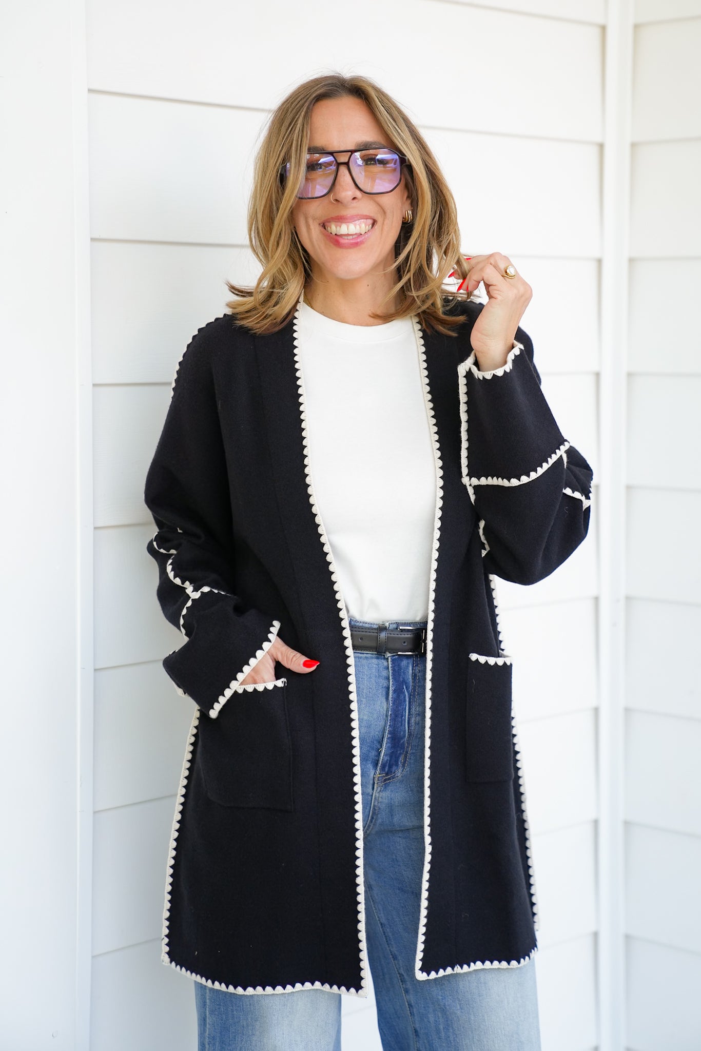 Long Sleeve Midi Cardigan With Stitch Detail