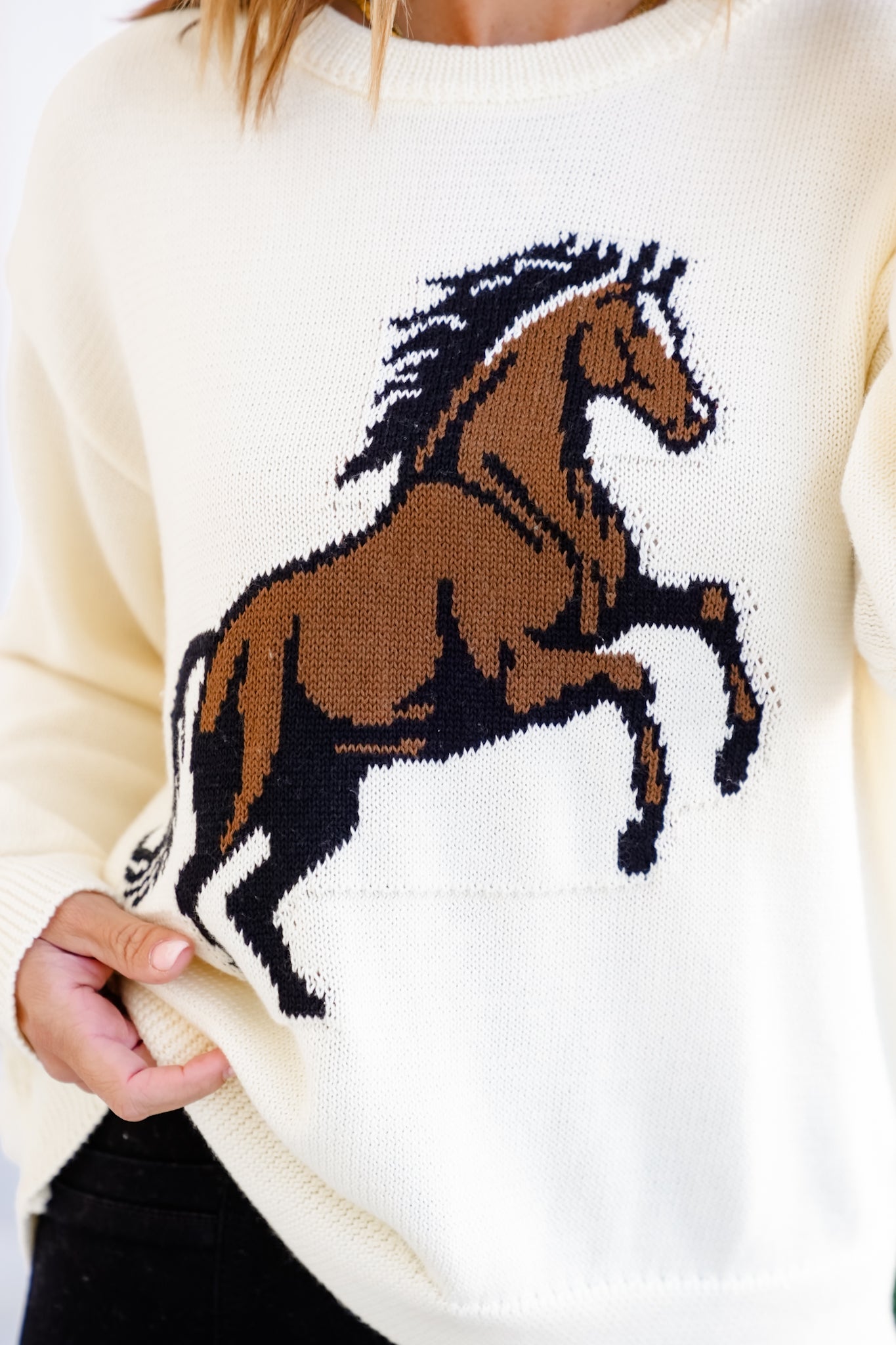 Long Sleeve Crew Neck "Horse" Knit Sweater