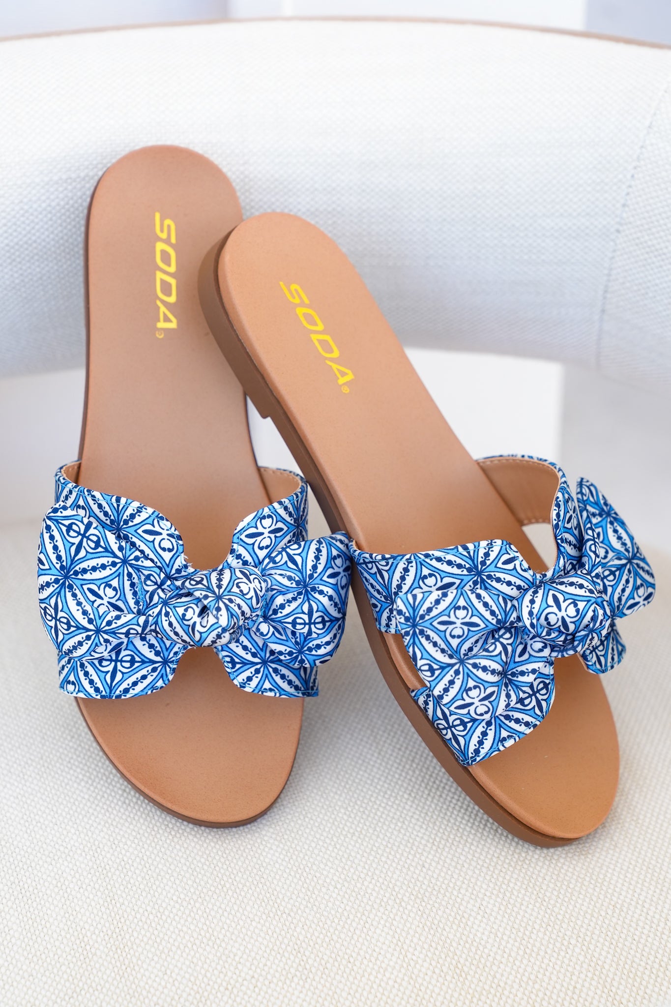 Tile Print Bow Slide Sandal with Crisscross Straps