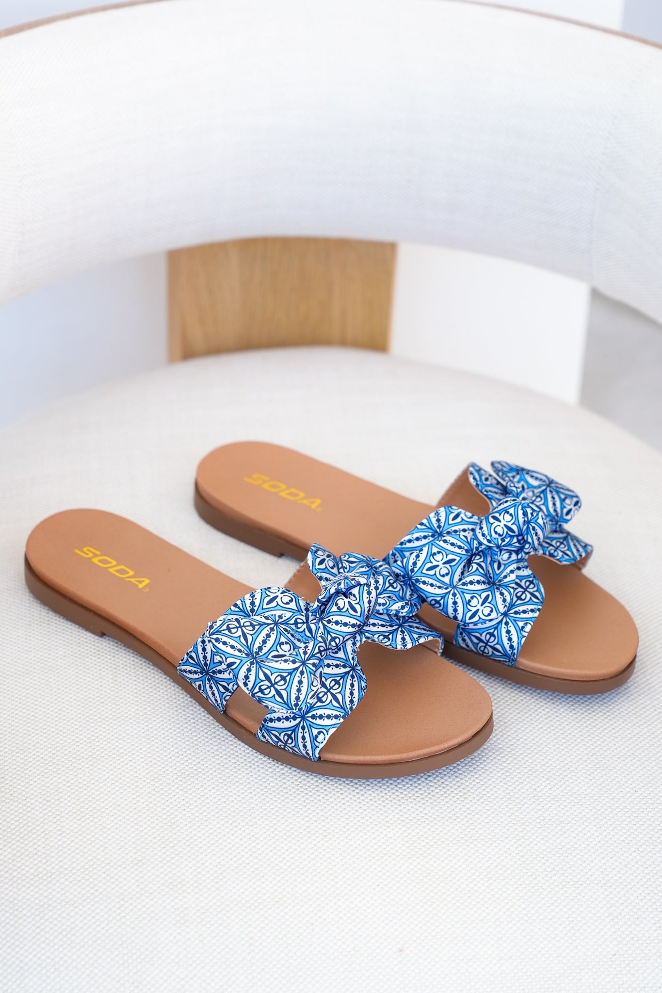 Tile Print Bow Slide Sandal with Crisscross Straps