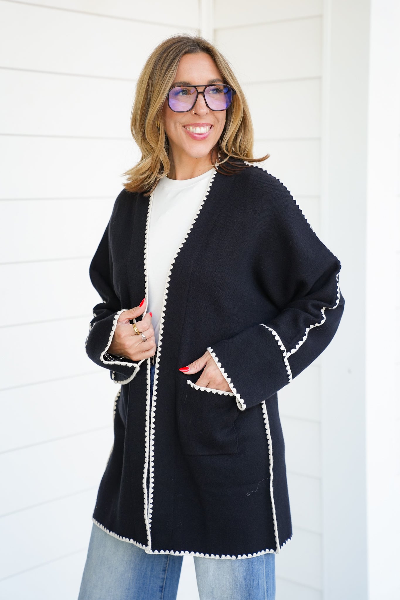Long Sleeve Midi Cardigan With Stitch Detail