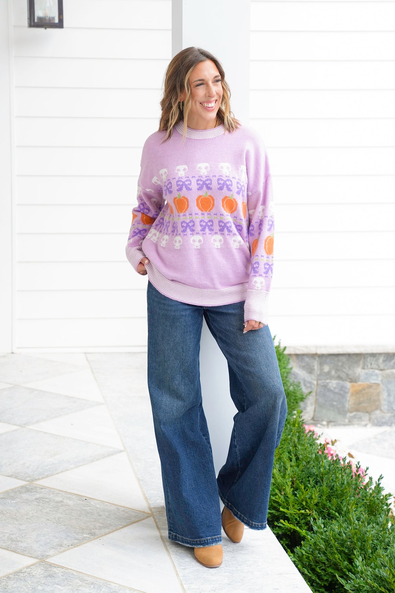 Long Sleeve Crew Neck Halloween Sweater with Bows