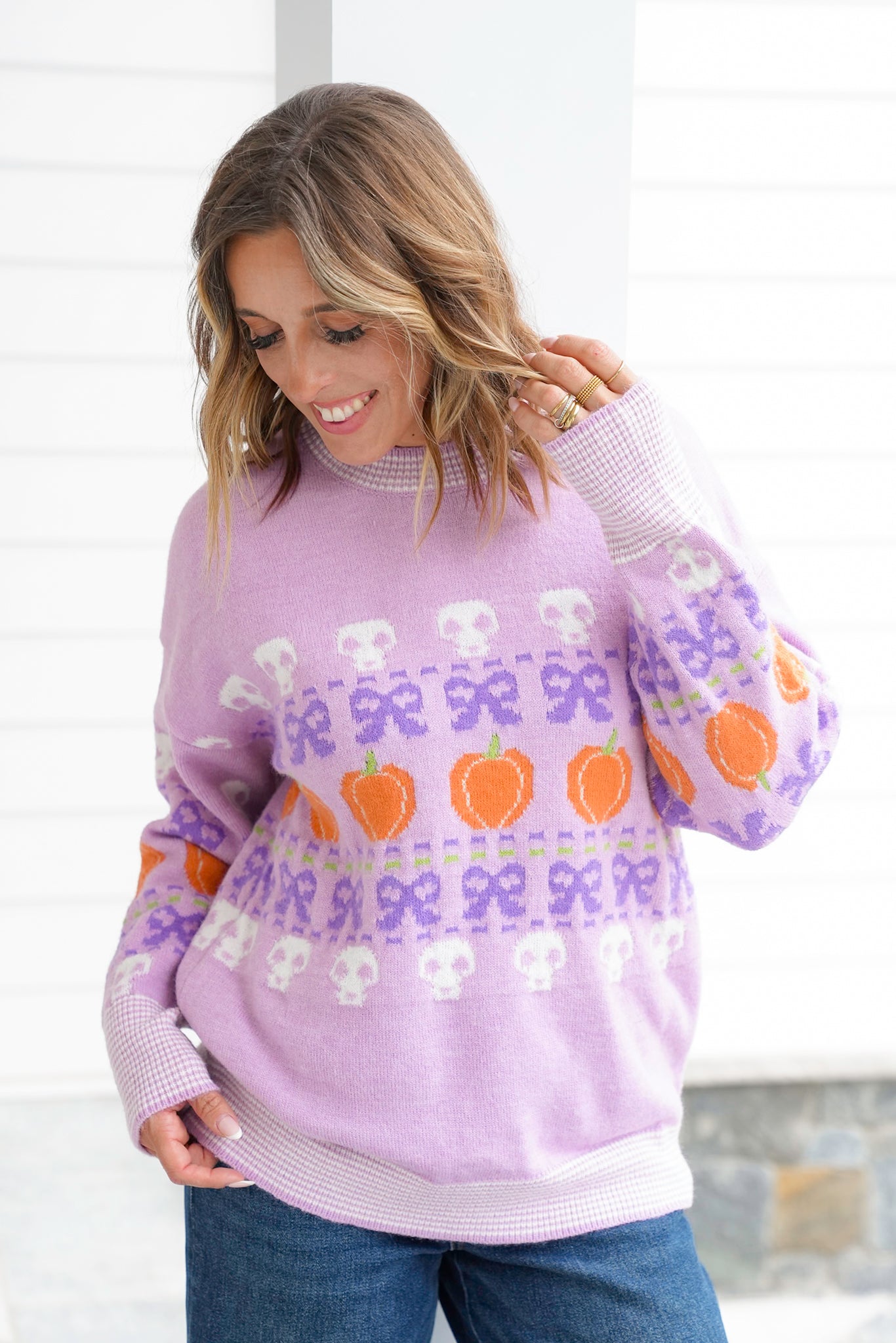 Long Sleeve Crew Neck Halloween Sweater with Bows