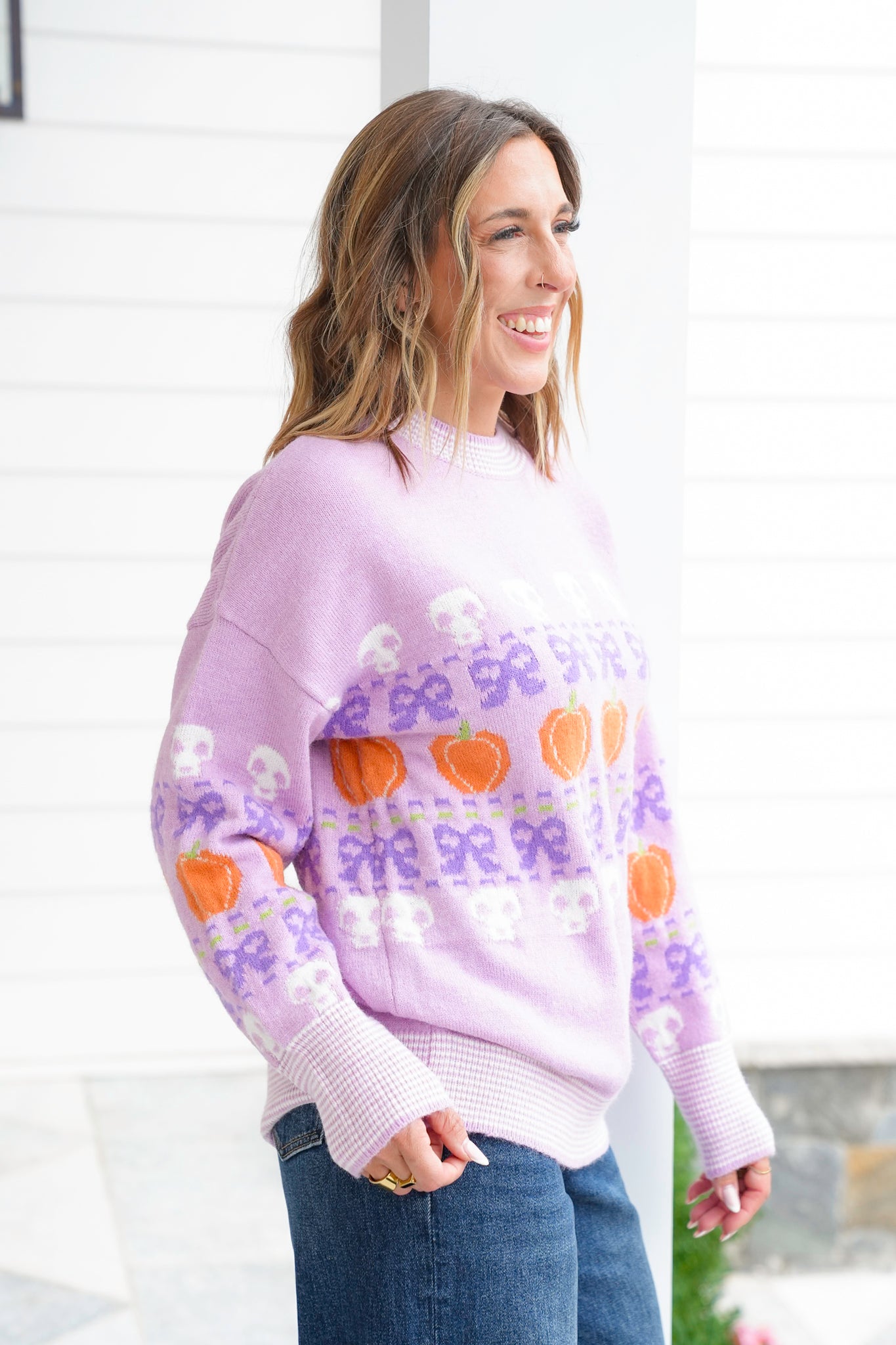 Long Sleeve Crew Neck Halloween Sweater with Bows
