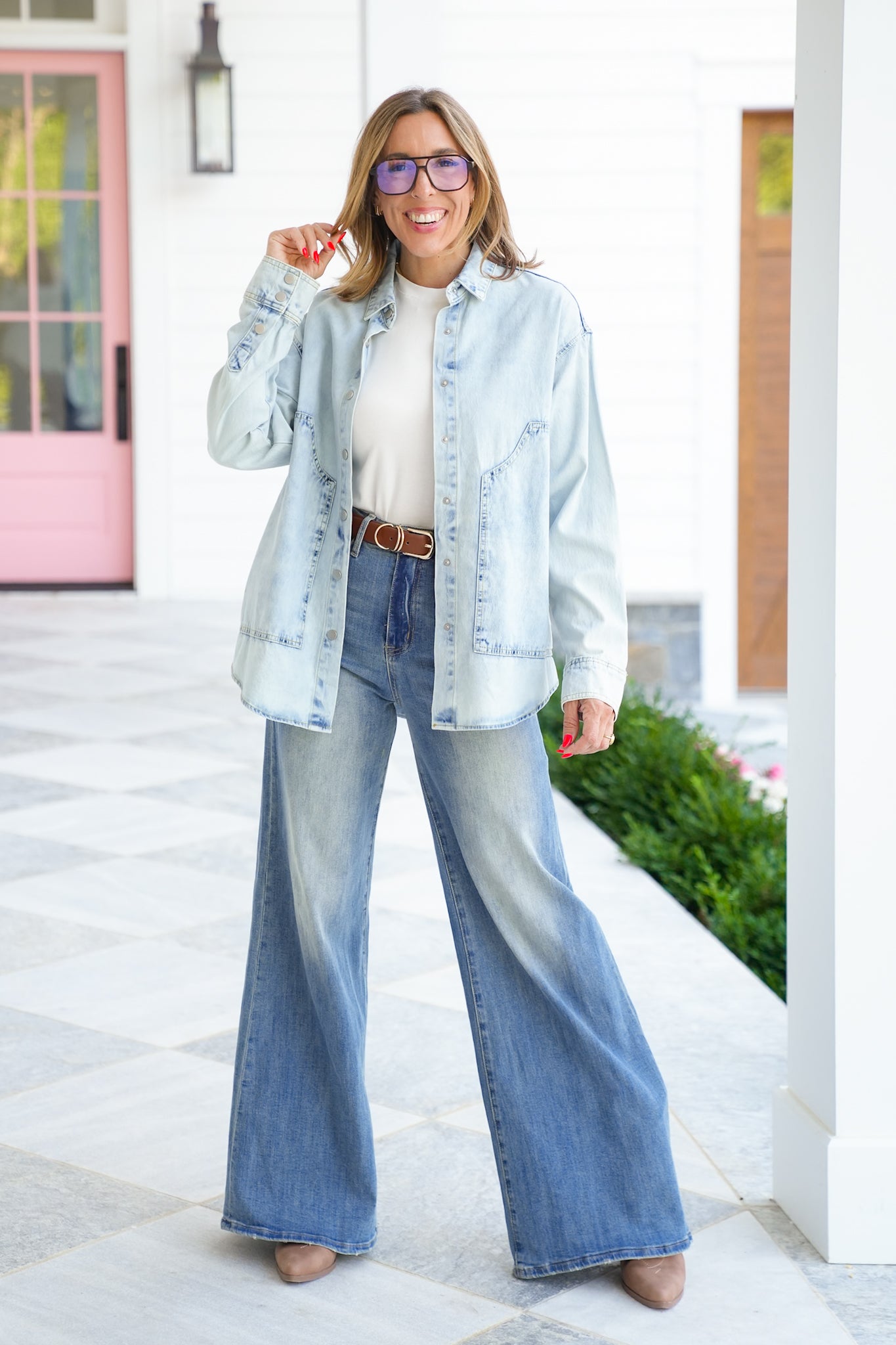 Light Wash Long Sleeve Button Down Top