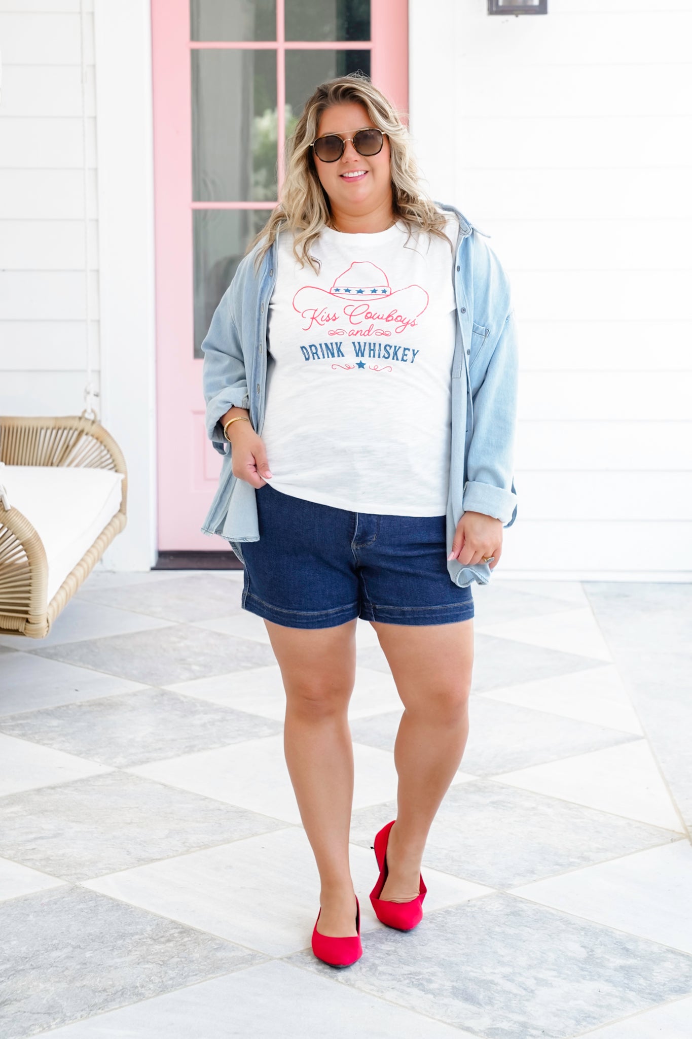 Short Sleeve "Kiss Cowboys and Drink Whiskey" Graphic Top