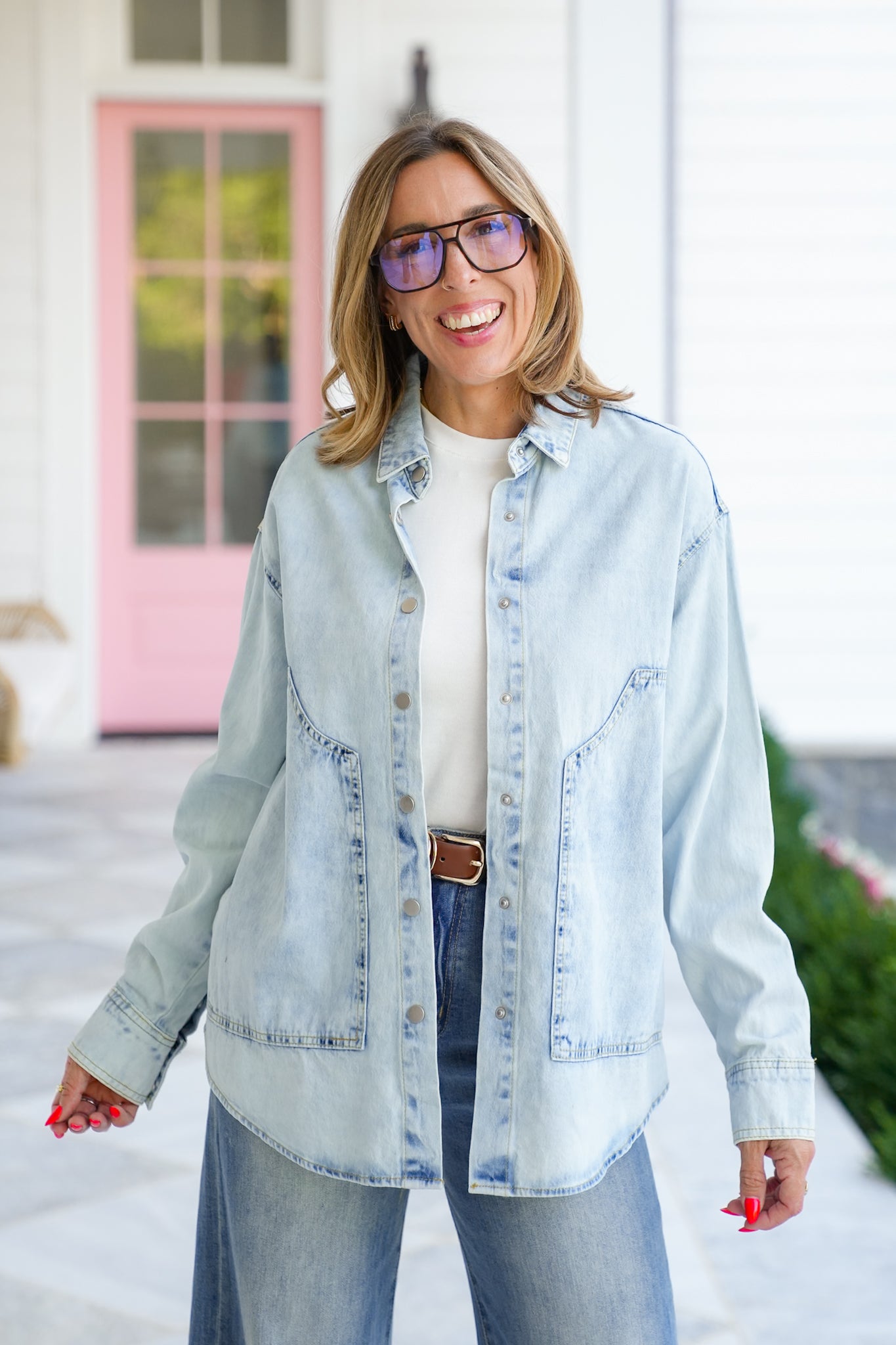 Light Wash Long Sleeve Button Down Top