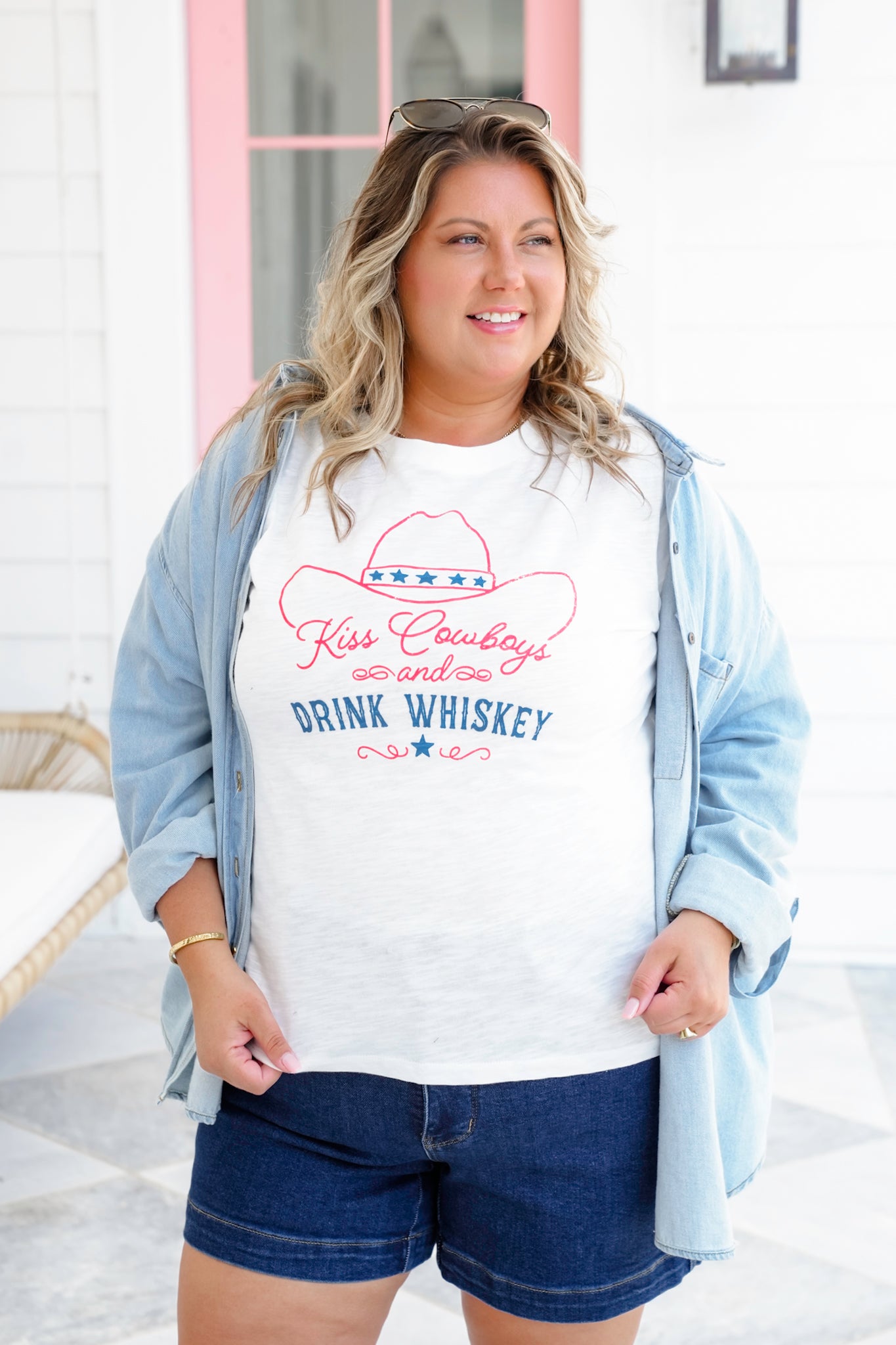 Short Sleeve "Kiss Cowboys and Drink Whiskey" Graphic Top