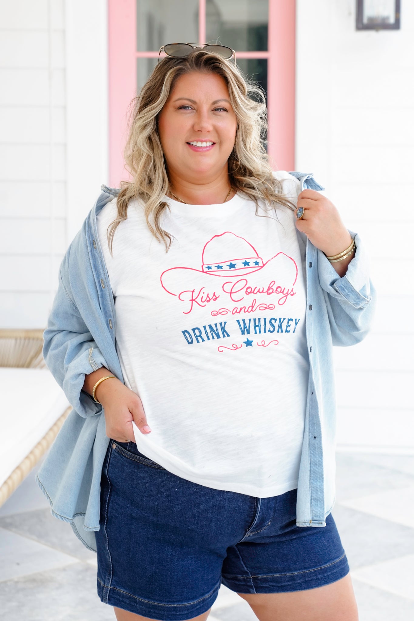 Short Sleeve "Kiss Cowboys and Drink Whiskey" Graphic Top
