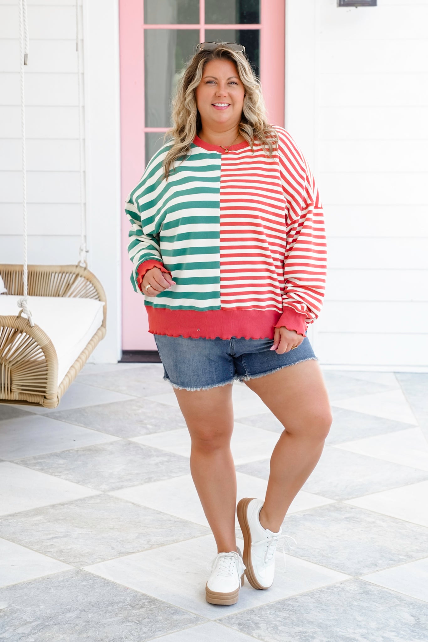 Striped Long Sleeve Crew Neck Sweatshirt with Hem Detail
