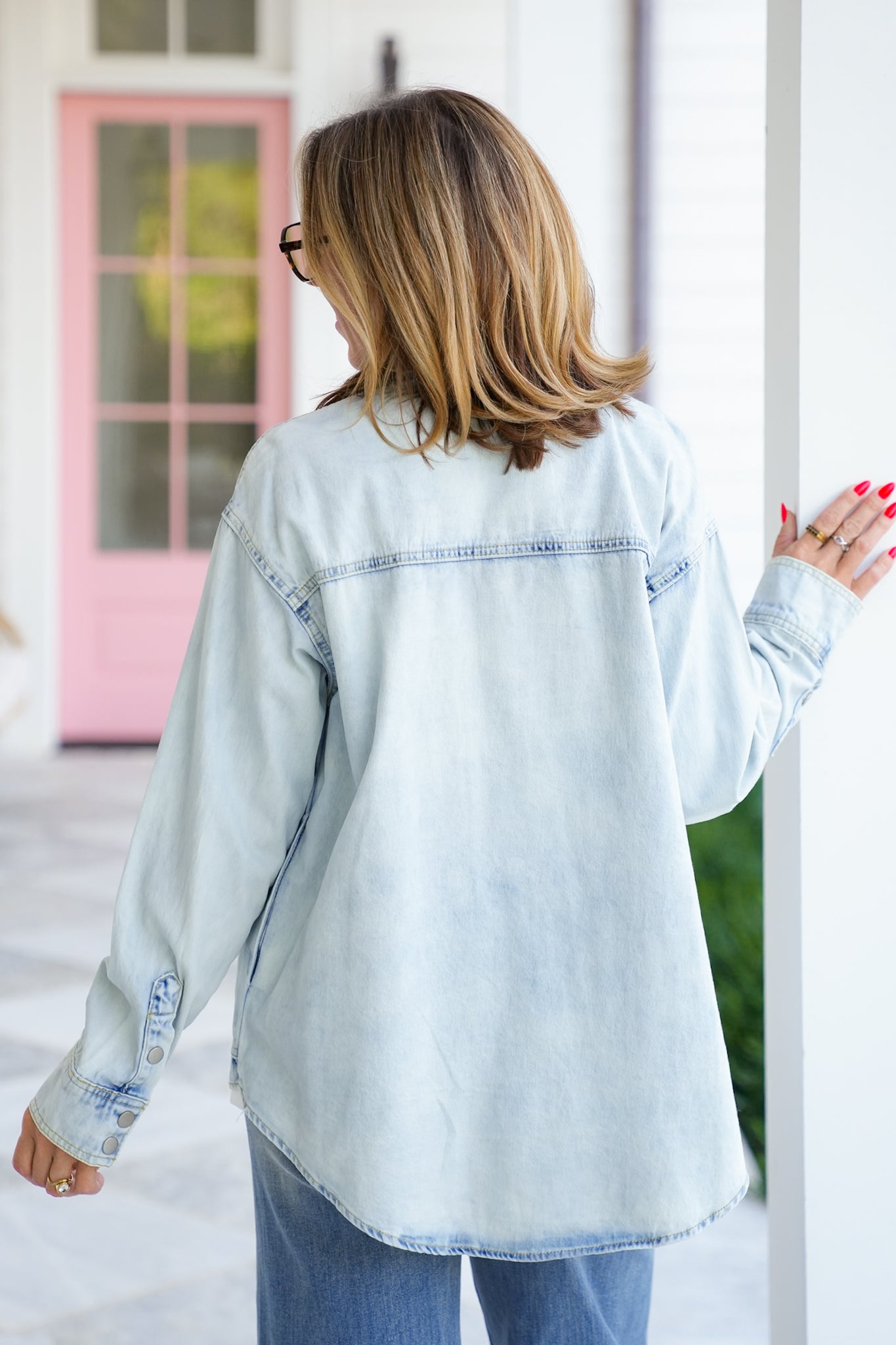 Light Wash Long Sleeve Button Down Top