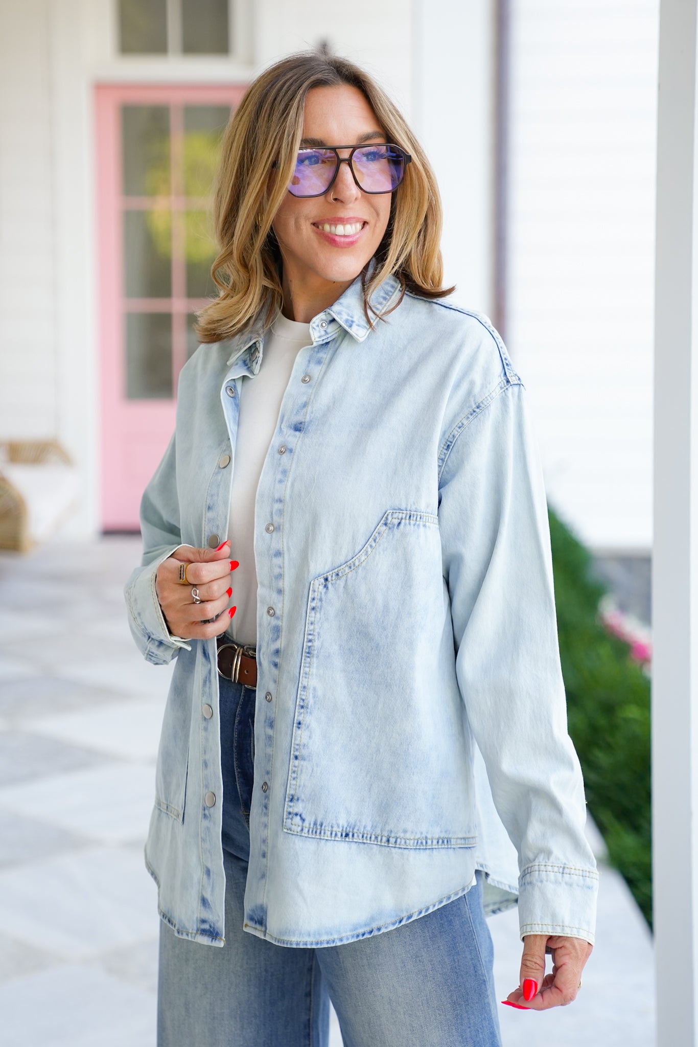 Light Wash Long Sleeve Button Down Top
