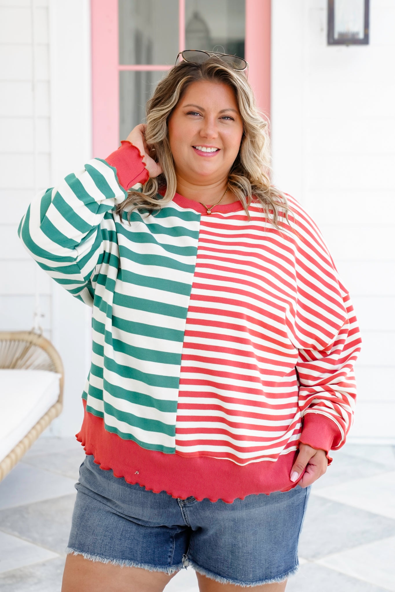 Striped Long Sleeve Crew Neck Sweatshirt with Hem Detail
