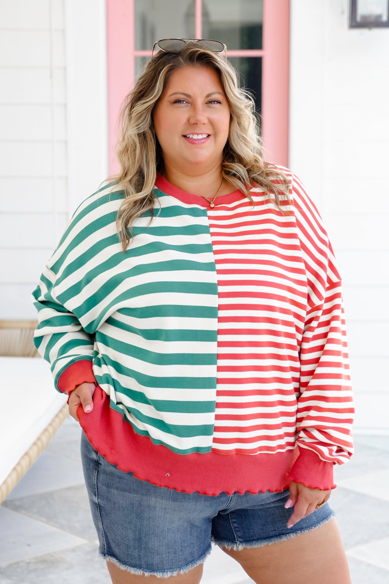 Striped Long Sleeve Crew Neck Sweatshirt with Hem Detail