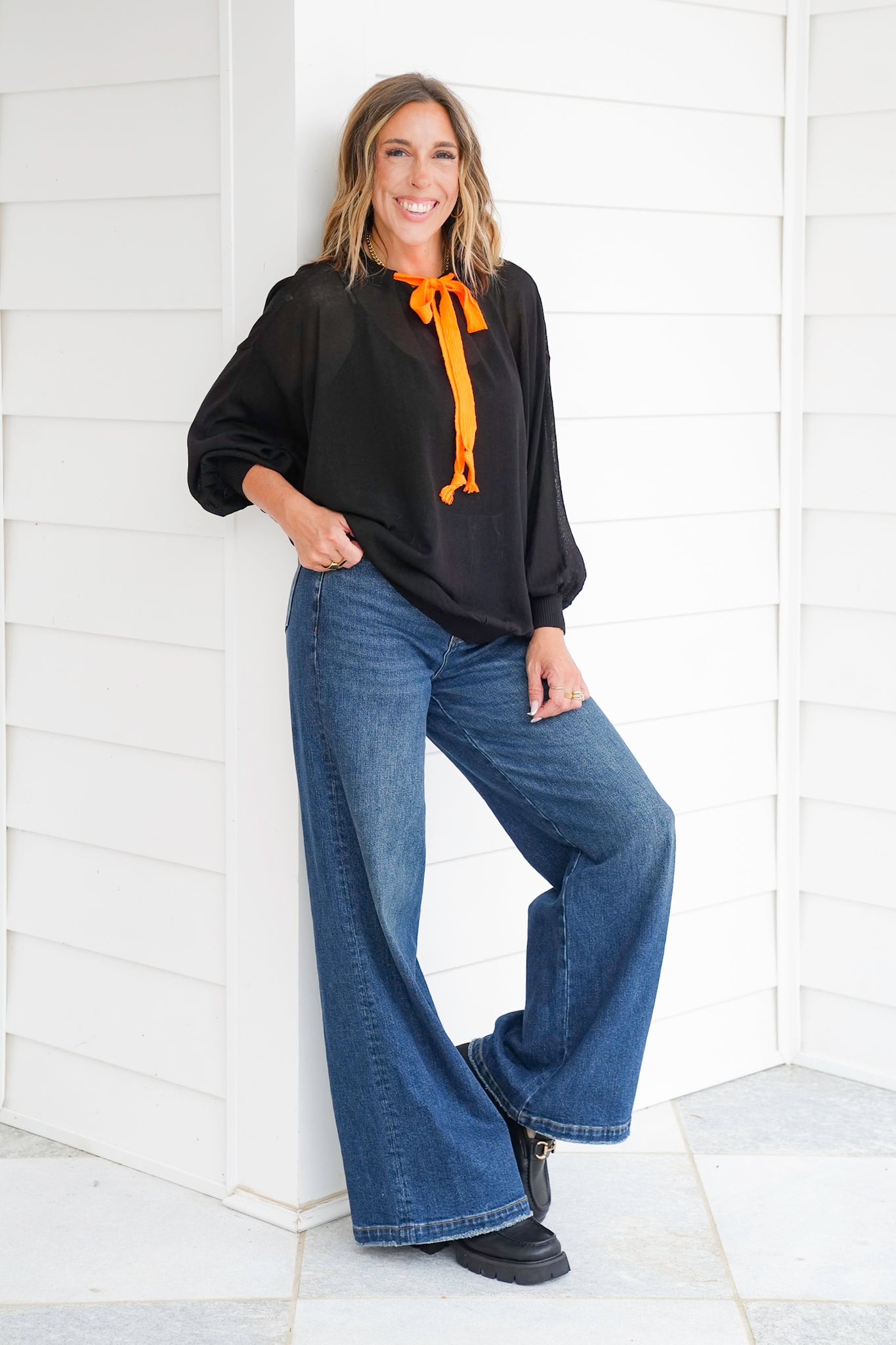 Solid Long Sleeve Knit Top with Drawstring Neck Detail