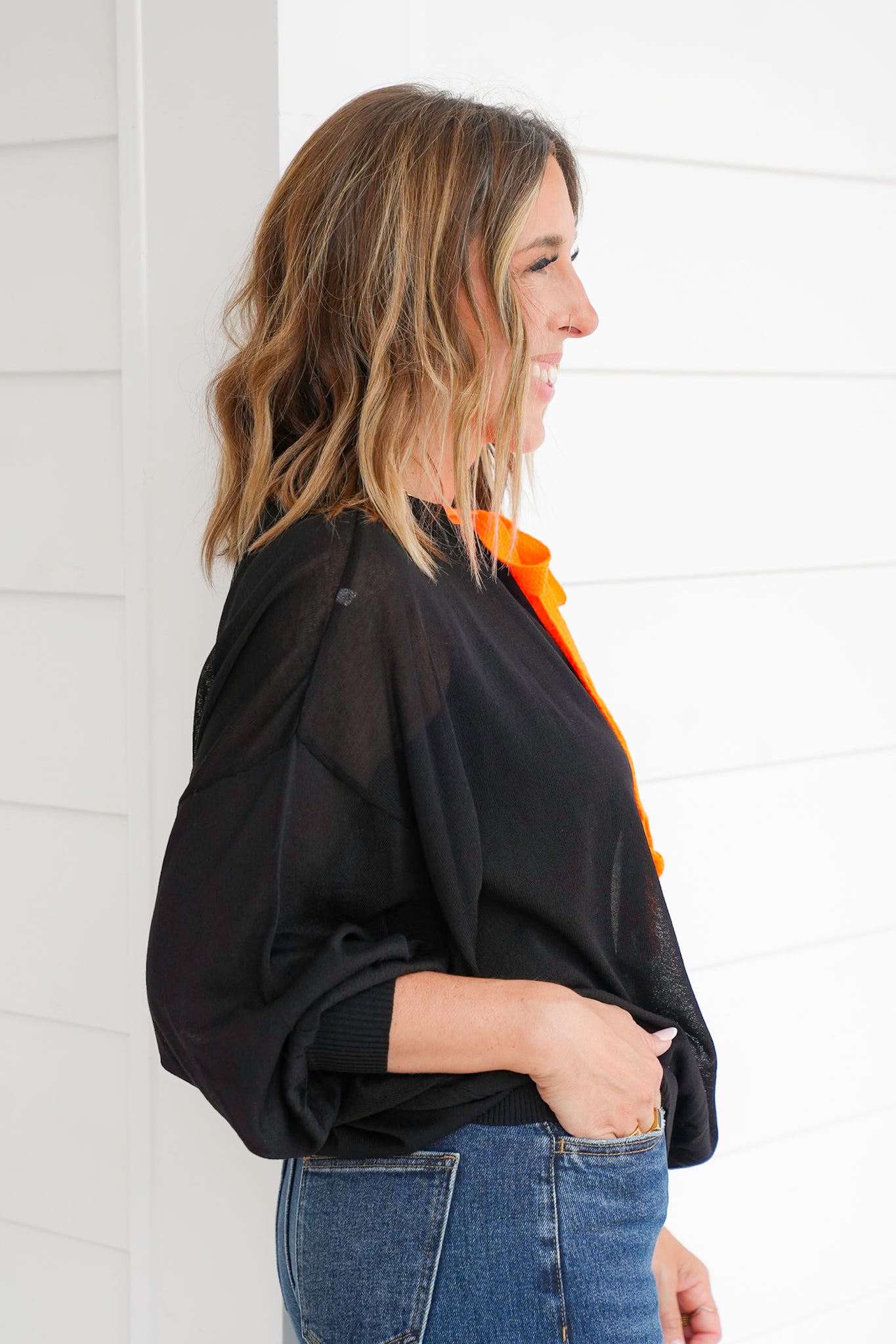 Solid Long Sleeve Knit Top with Drawstring Neck Detail