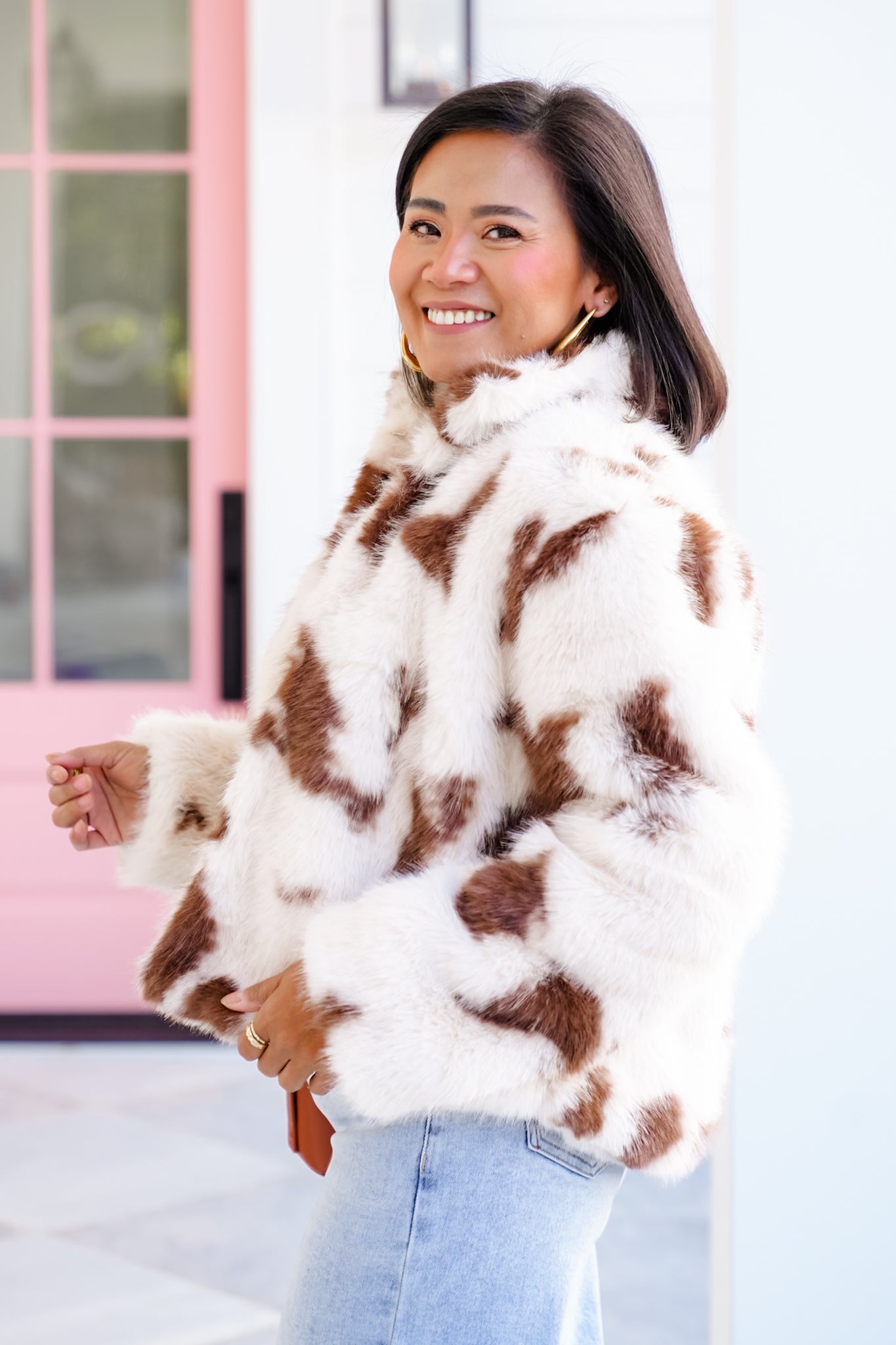 Cow Print Faux Fur Long Sleeve Jacket