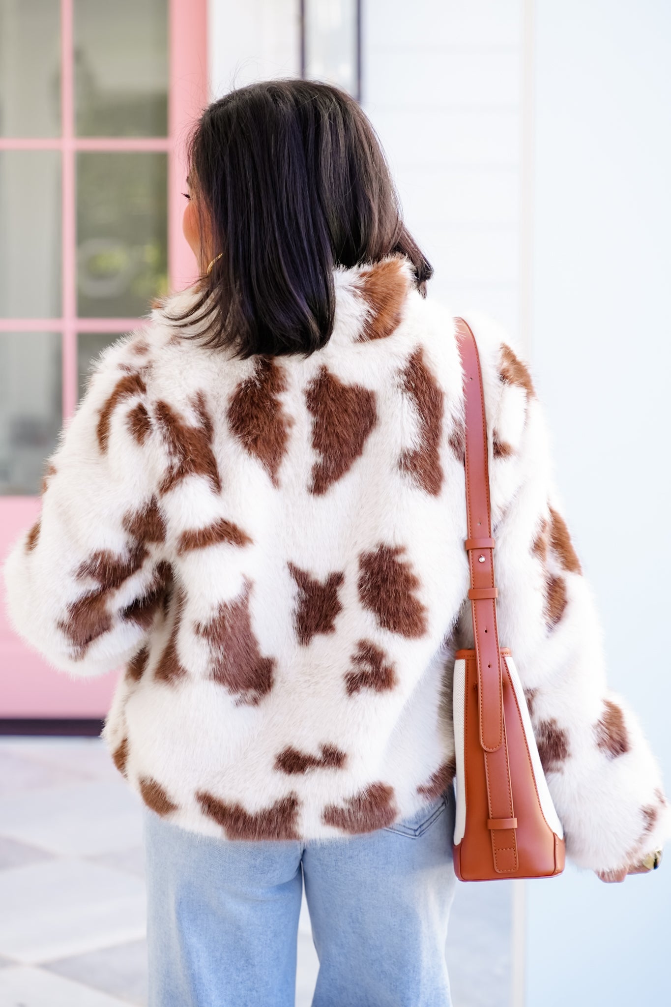 Cow Print Faux Fur Long Sleeve Jacket