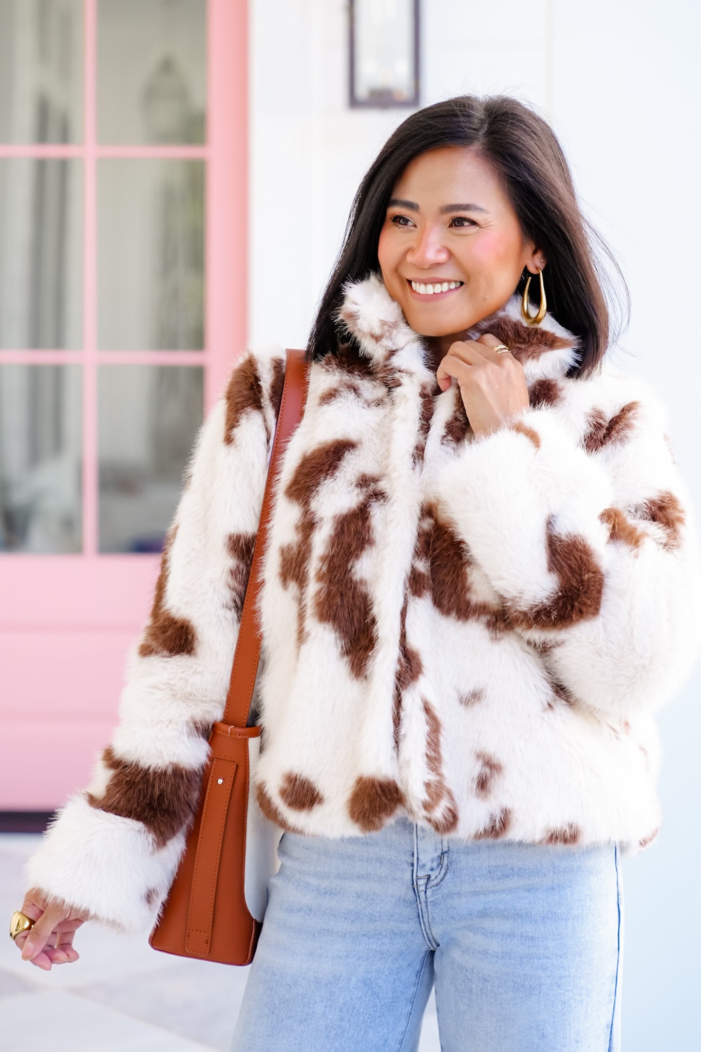Cow Print Faux Fur Long Sleeve Jacket