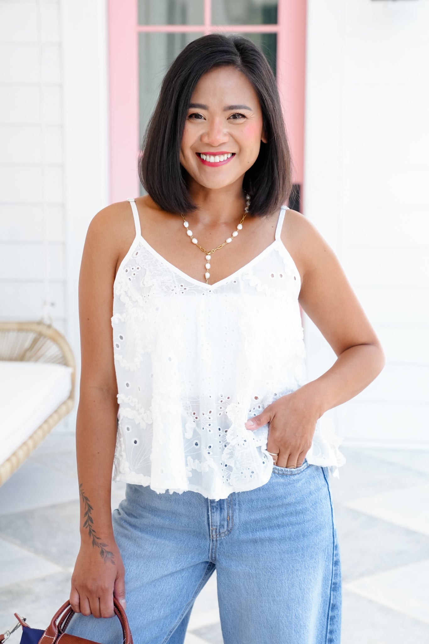 POL Eyelet Tank Top with Lace Detail